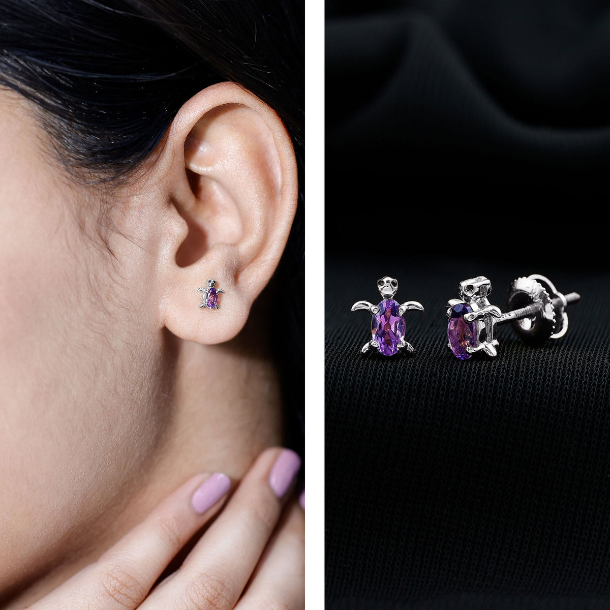 Natural Oval Amethyst Turtle Stud Earrings for Women AAA - Rosec Jewels