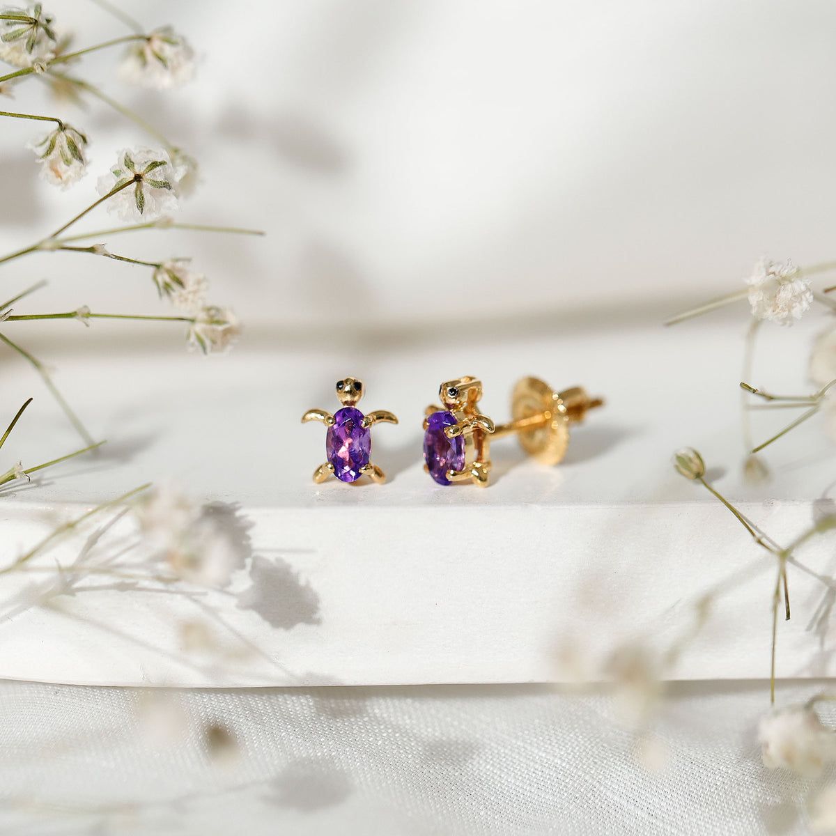 Natural Oval Amethyst Turtle Stud Earrings for Women AAA - Rosec Jewels