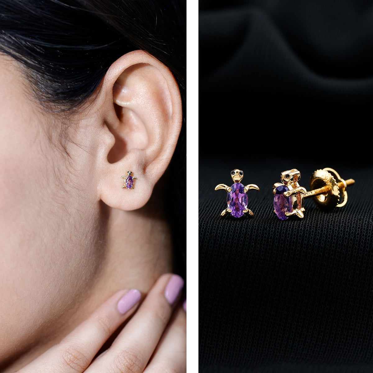 Natural Oval Amethyst Turtle Stud Earrings for Women AAA - Rosec Jewels