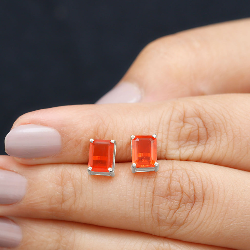 Rosec Jewels - 6X8 MM Octagon Cut Fire Opal Solitaire Stud Earrings for Women