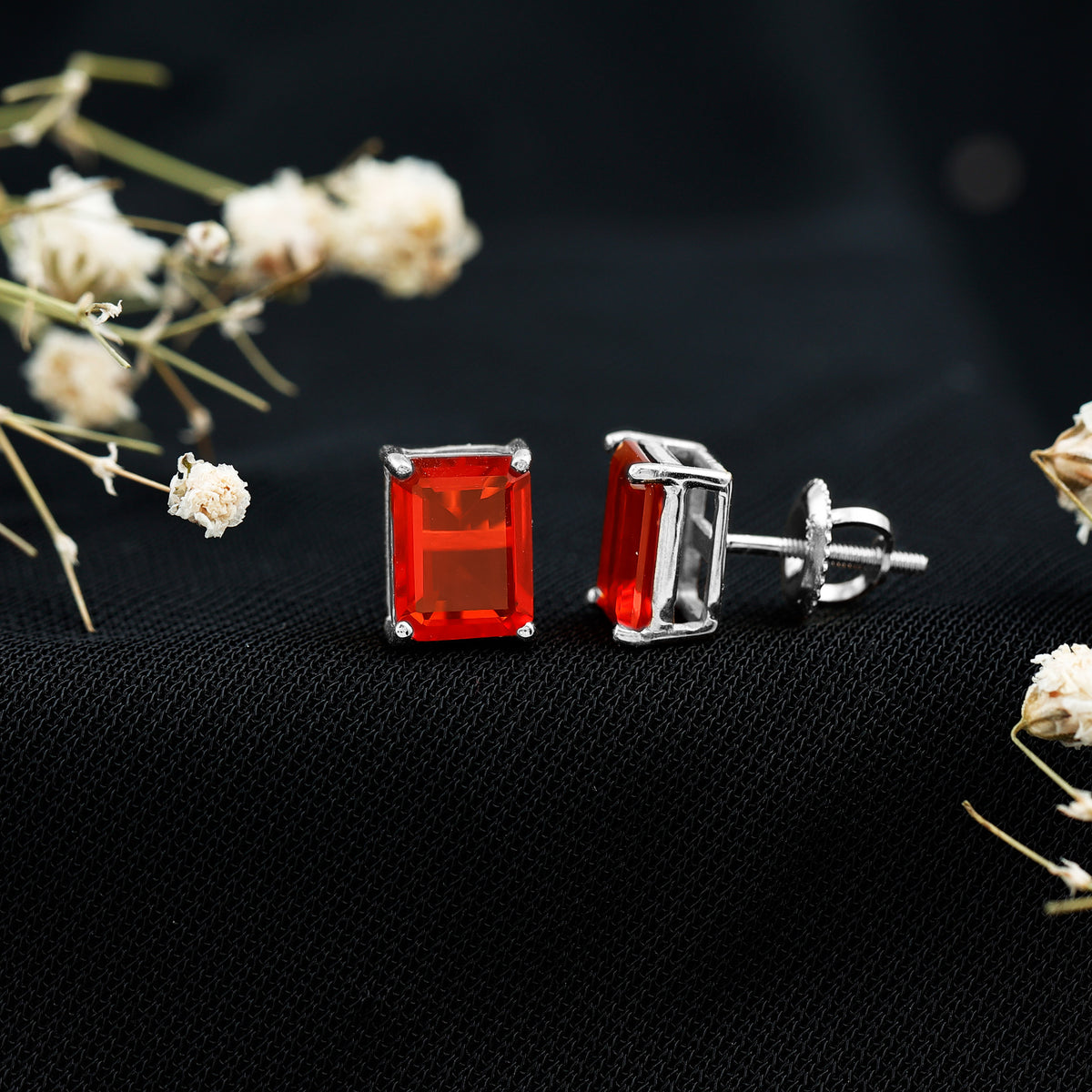 2 CT Emerald Cut Fire Opal Solitaire Stud Earrings for Women AAA - Rosec Jewels