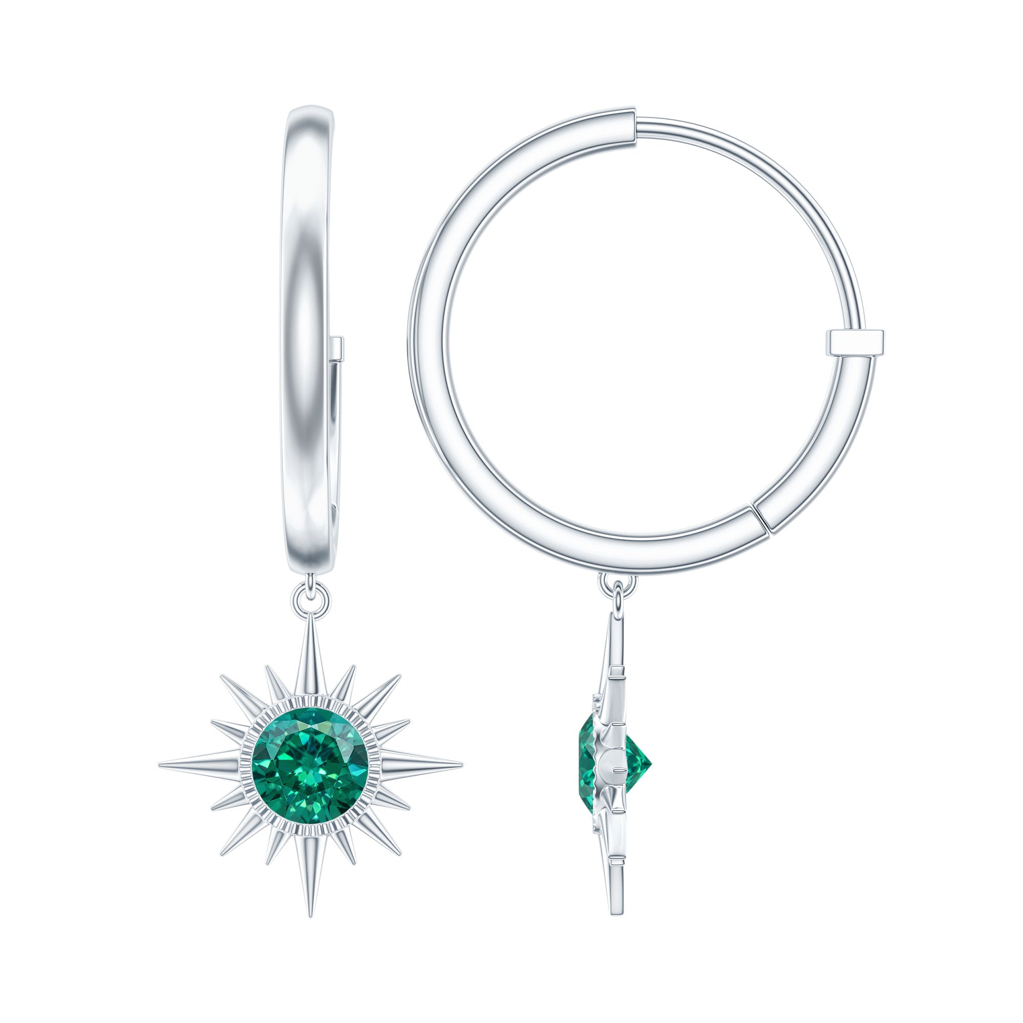0.5 Carat Round Cut Lab Created Emerald Sunburst Hoop Earrings AAAA - Rosec Jewels