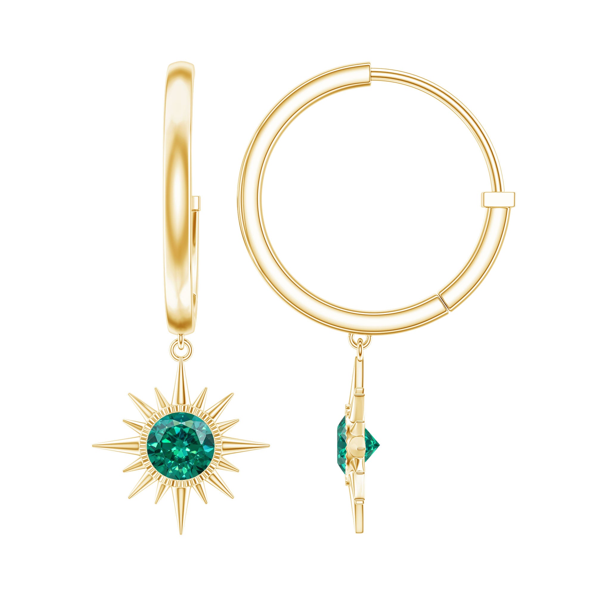 0.5 Carat Round Cut Lab Created Emerald Sunburst Hoop Earrings AAAA - Rosec Jewels