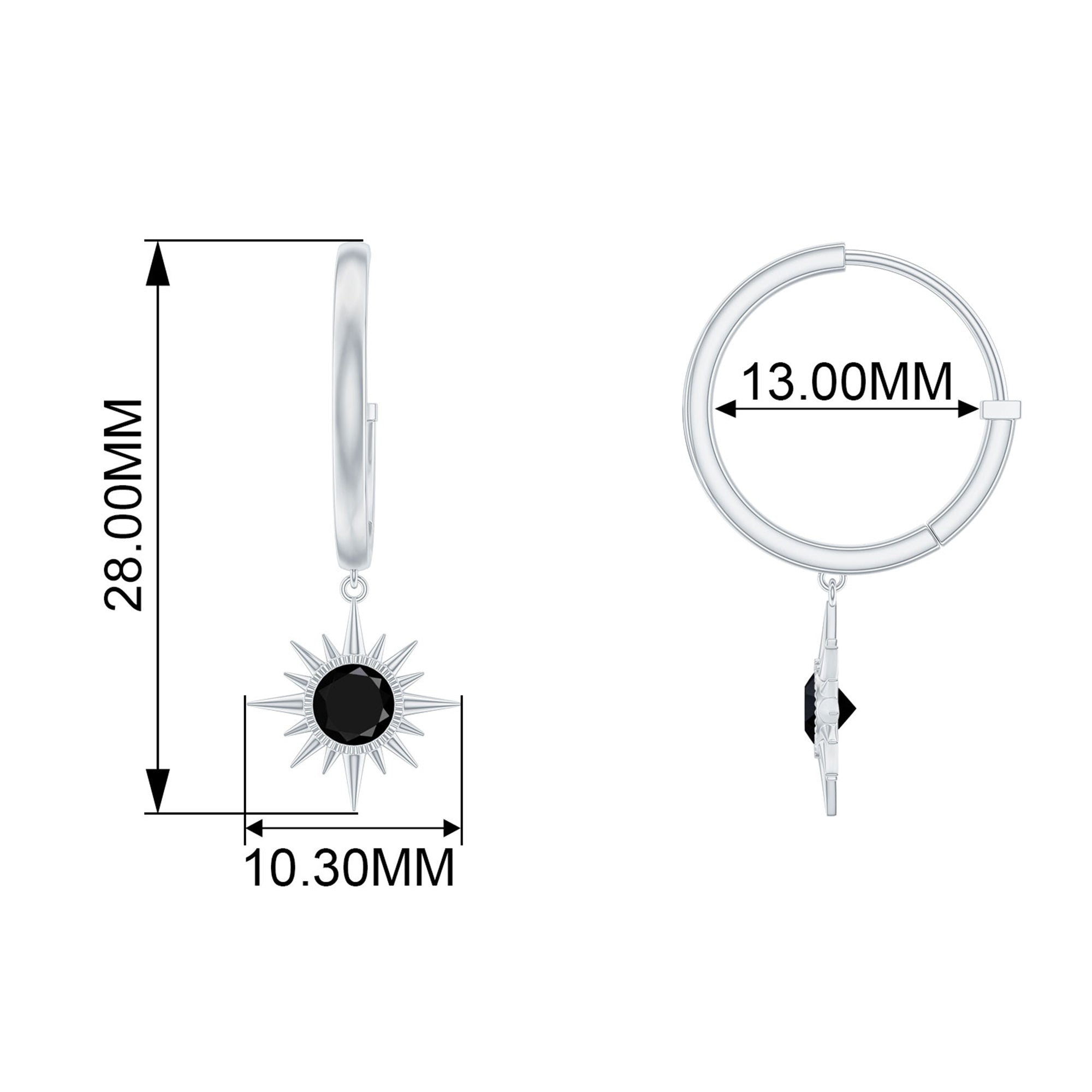 Round Created Black Diamond Sunburst Hoop Drop Earrings in Bezel Setting Lab Created Black Diamond - ( AAAA ) - Quality - Rosec Jewels