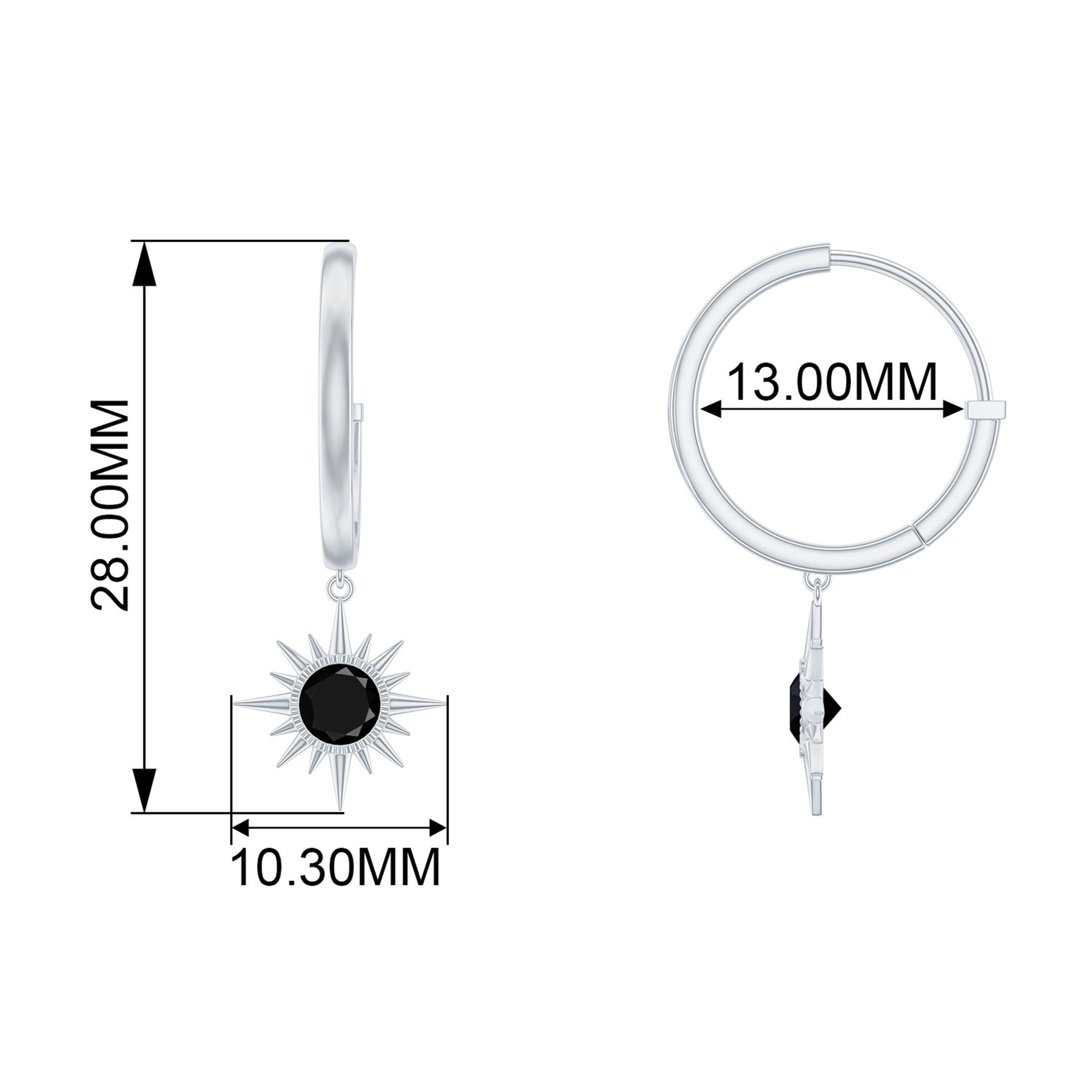 Round Created Black Diamond Sunburst Hoop Drop Earrings in Bezel Setting Lab Created Black Diamond - ( AAAA ) - Quality - Rosec Jewels