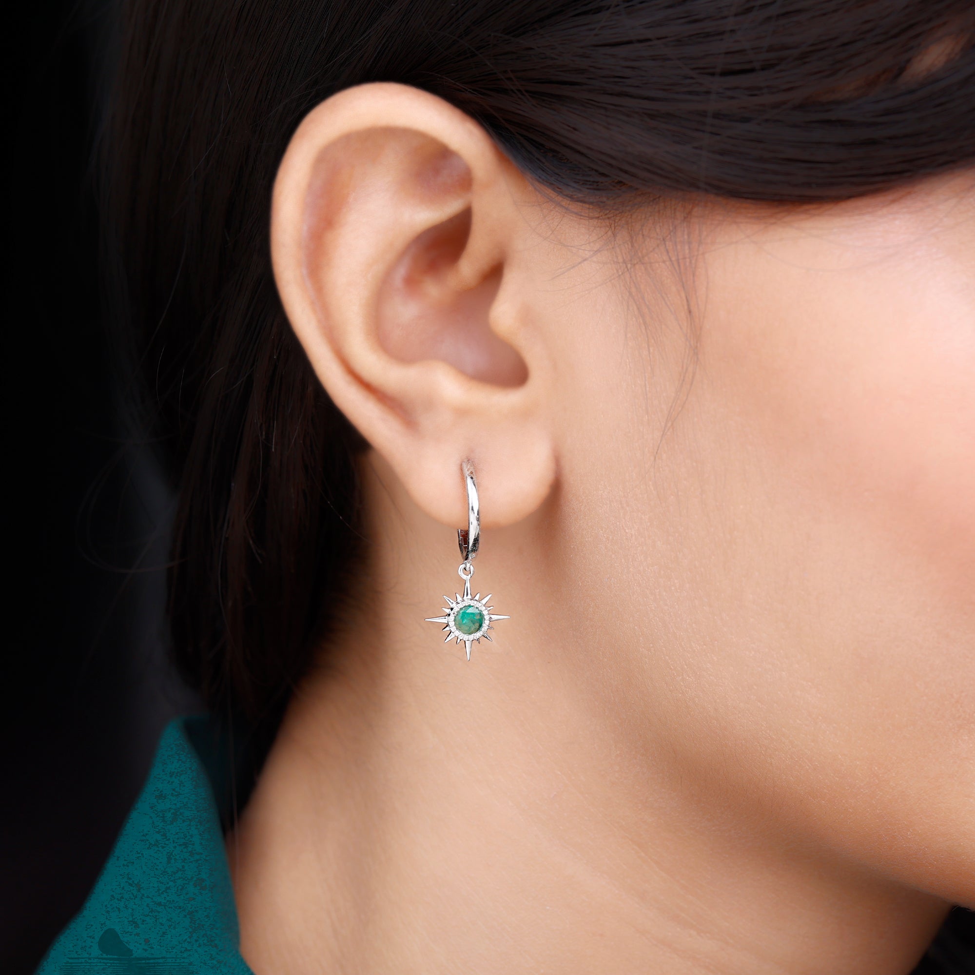 Milgrain Bezel Set Emerald Sunburst Hoop Drop Earrings Emerald - ( AAA ) - Quality - Rosec Jewels