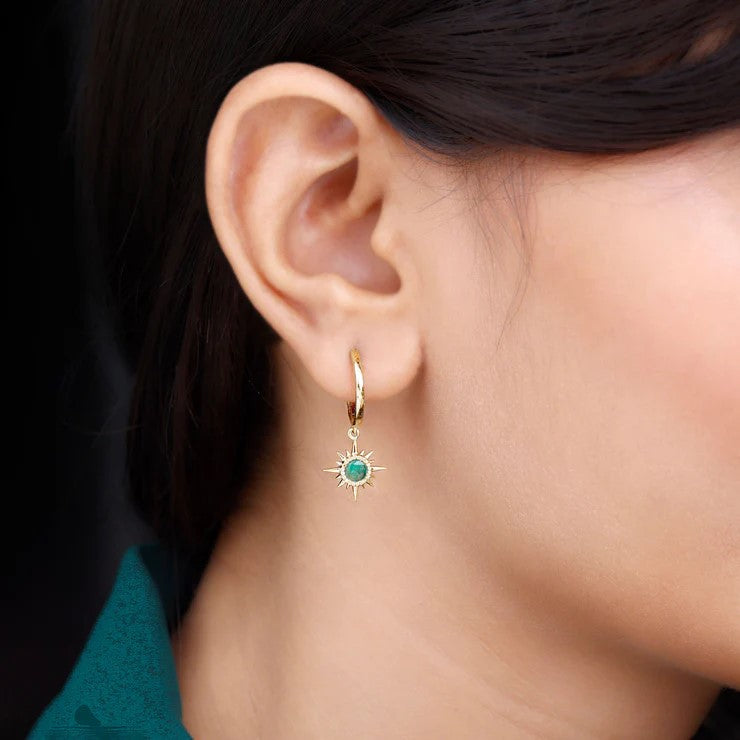 Real Emerald Sunburst Hoop Drop Earrings with Certificate AAA - Rosec Jewels