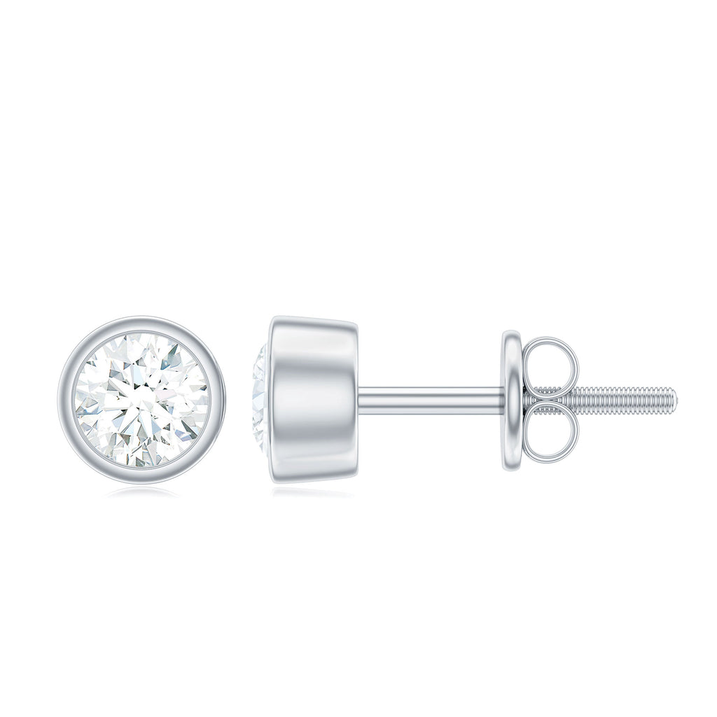 Certified Moissanite Solitaire Silver Stud Earrings in Bezel Setting - Rosec Jewels
