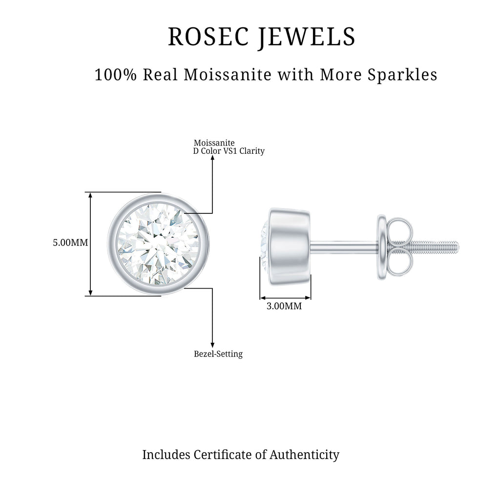 Certified Moissanite Solitaire Stud Earrings in Bezel Setting Moissanite - ( D-VS1 ) - Color and Clarity - Rosec Jewels