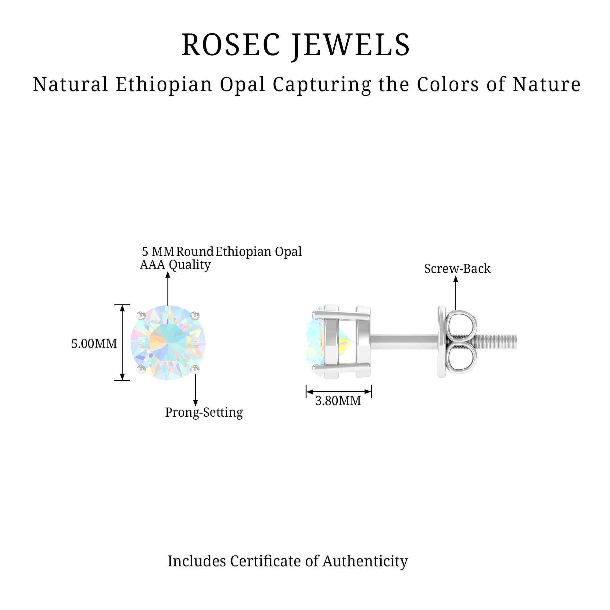 Round Shape Genuine Ethiopian Opal Solitaire Stud Earrings Ethiopian Opal - ( AAA ) - Quality - Rosec Jewels