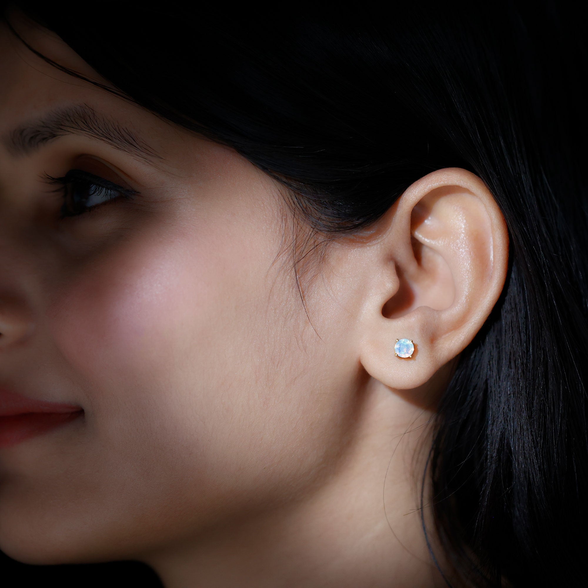Round Shape Genuine Ethiopian Opal Solitaire Stud Earrings Ethiopian Opal - ( AAA ) - Quality - Rosec Jewels