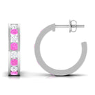 Channel Set Pink Sapphire and Diamond Half Eternity Hinged Hoop Earrings Pink Sapphire - ( AAA ) - Quality - Rosec Jewels