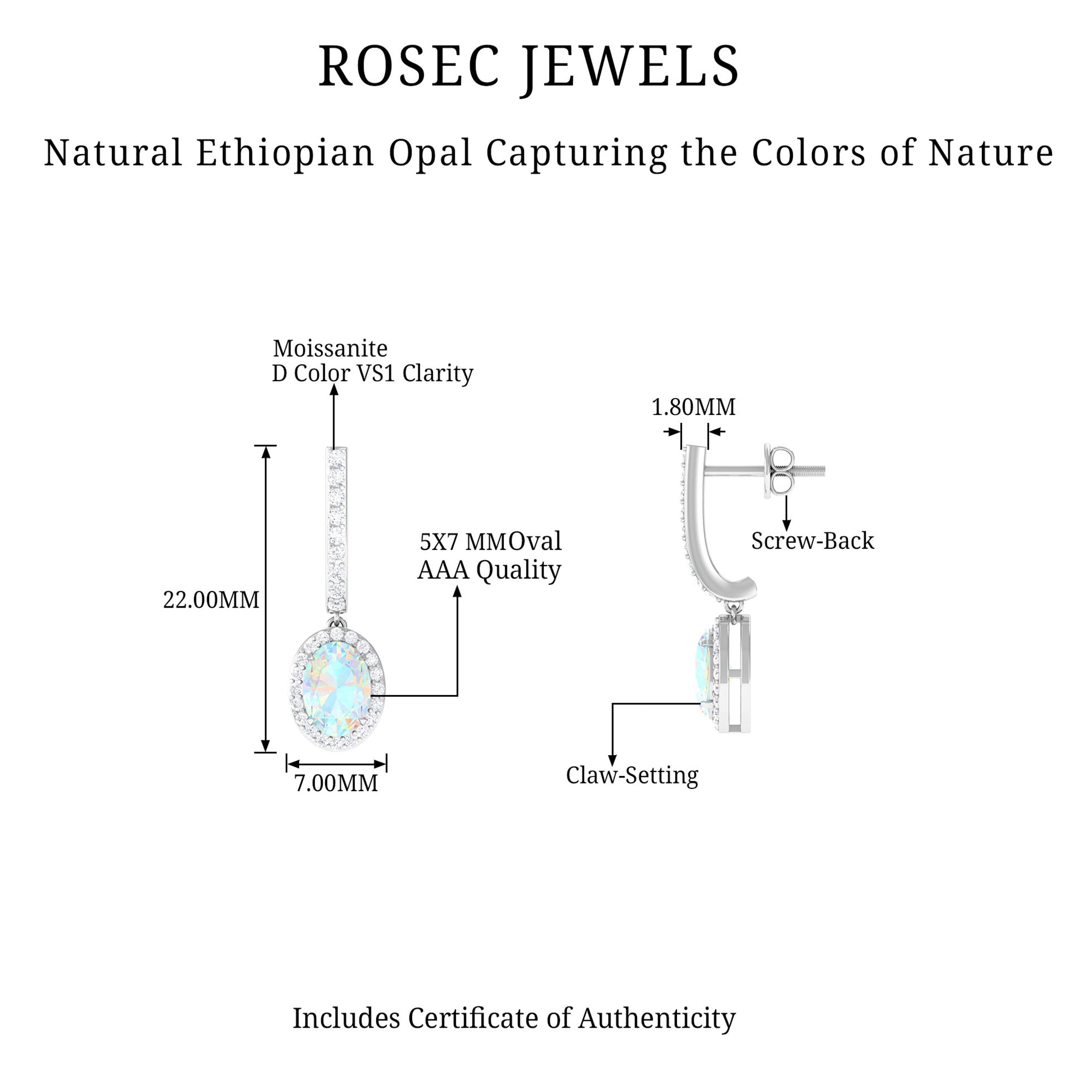Ethiopian Opal Silver Hoop Drop Earrings with Moissanite Ethiopian Opal - ( AAA ) - Quality 92.5 Sterling Silver - Rosec Jewels