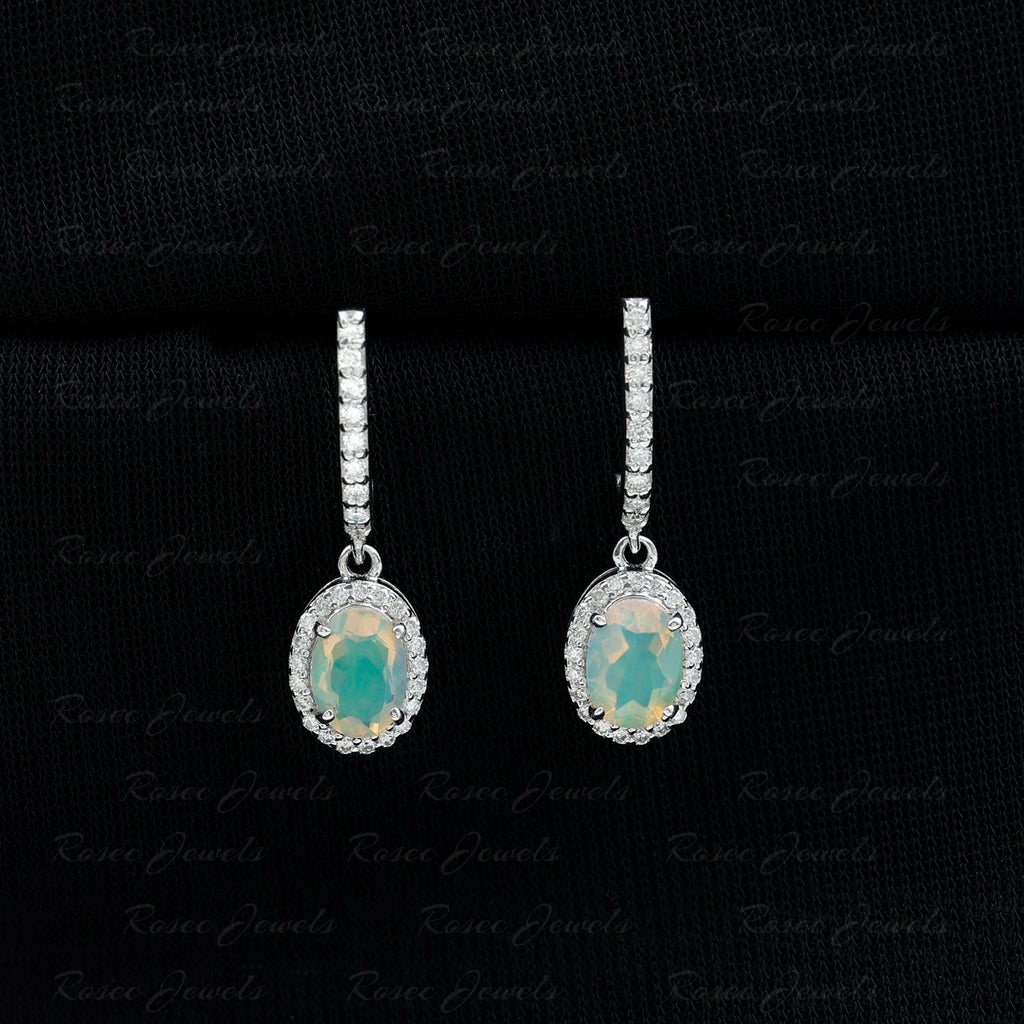 Rosec Jewels - Ethiopian Opal Silver Hoop Drop Earrings with Moissanite