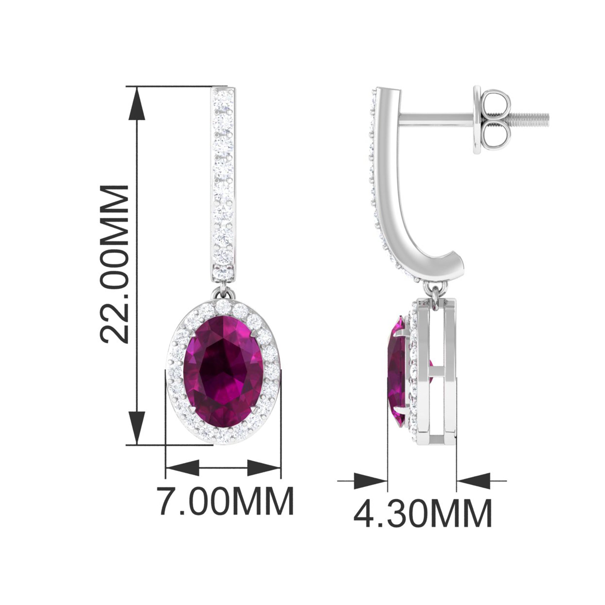 Classic Oval Rhodolite Hoop Drop Earrings with Diamond Halo Rhodolite - ( AAA ) - Quality - Rosec Jewels
