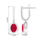 Oval Lab-Created Ruby Hoop Drop Earrings with Diamond Halo Lab Created Ruby - ( AAAA ) - Quality - Rosec Jewels