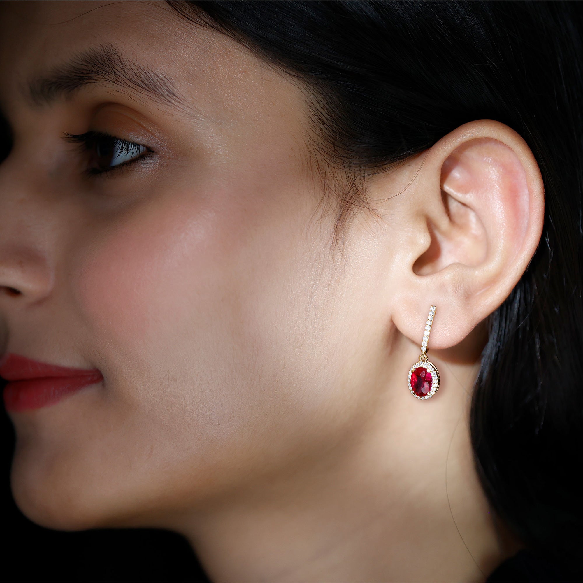 Oval Lab-Created Ruby Hoop Drop Earrings with Diamond Halo Lab Created Ruby - ( AAAA ) - Quality - Rosec Jewels