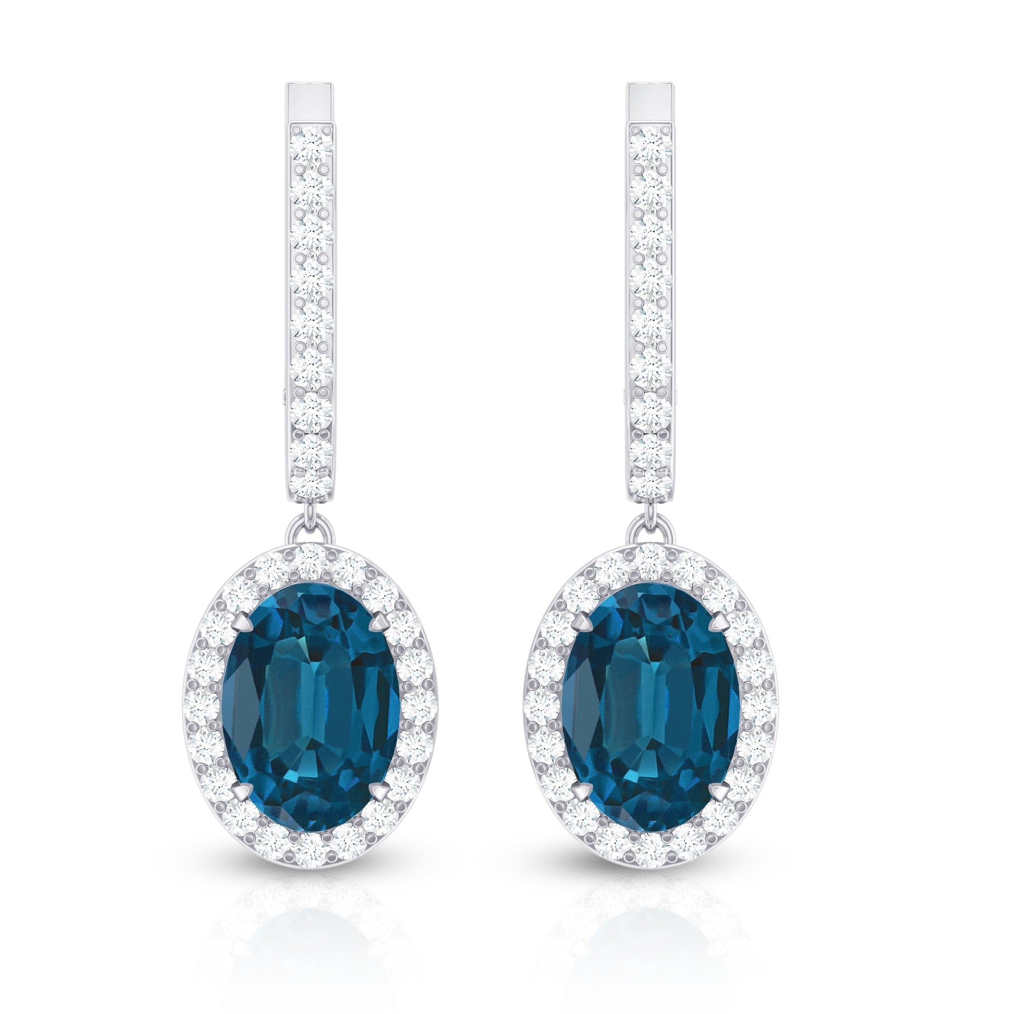 2.2 Carat Oval London Blue Topaz and Diamond Hoop Drop Earrings AAA - Rosec Jewels