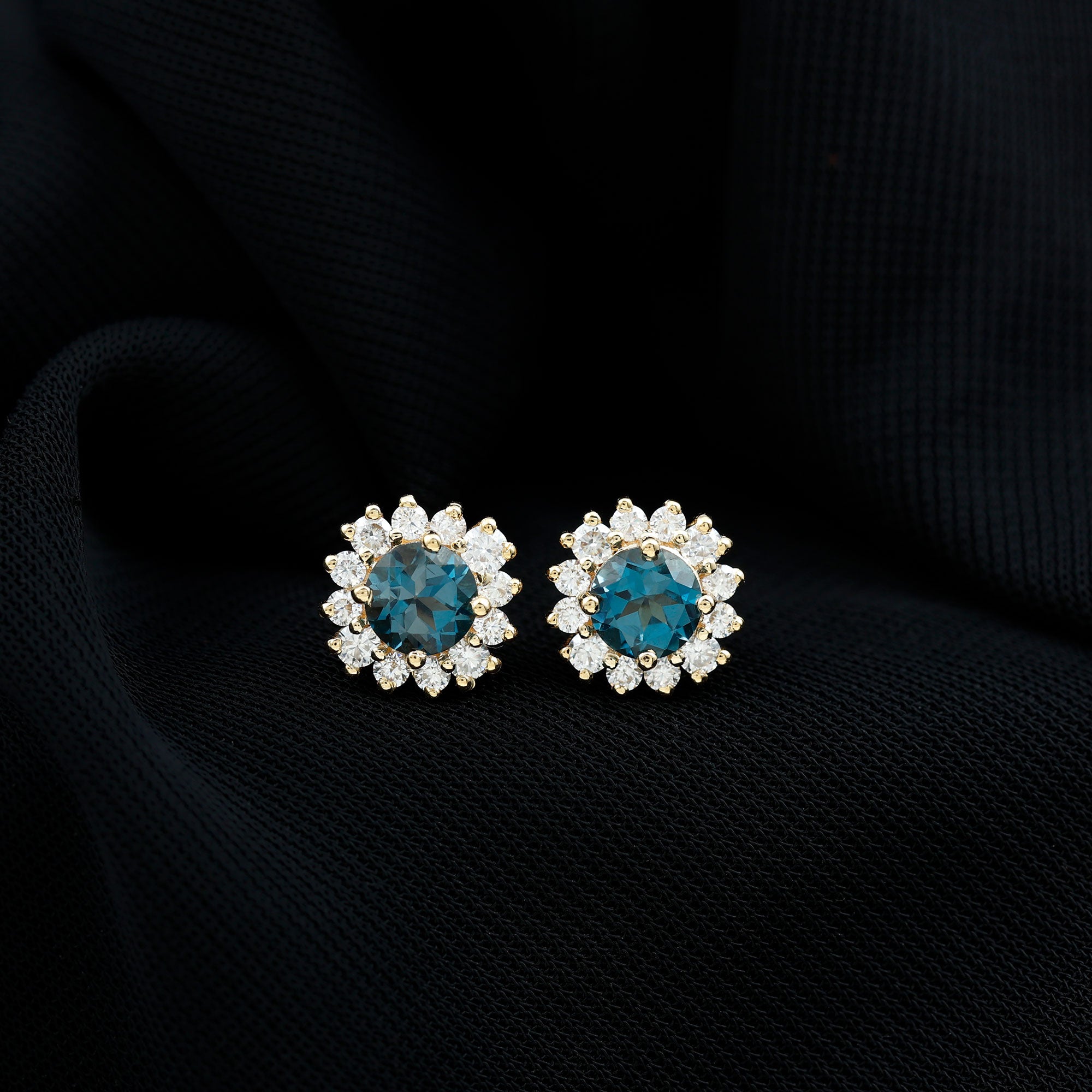 Real London Blue Topaz and Diamond Halo Stud Earrings AAA - Rosec Jewels