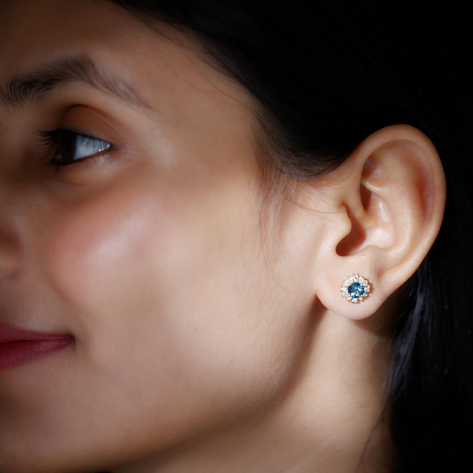 2 CT London Blue Topaz and Diamond Halo Stud Earrings London Blue Topaz - ( AAA ) - Quality - Rosec Jewels