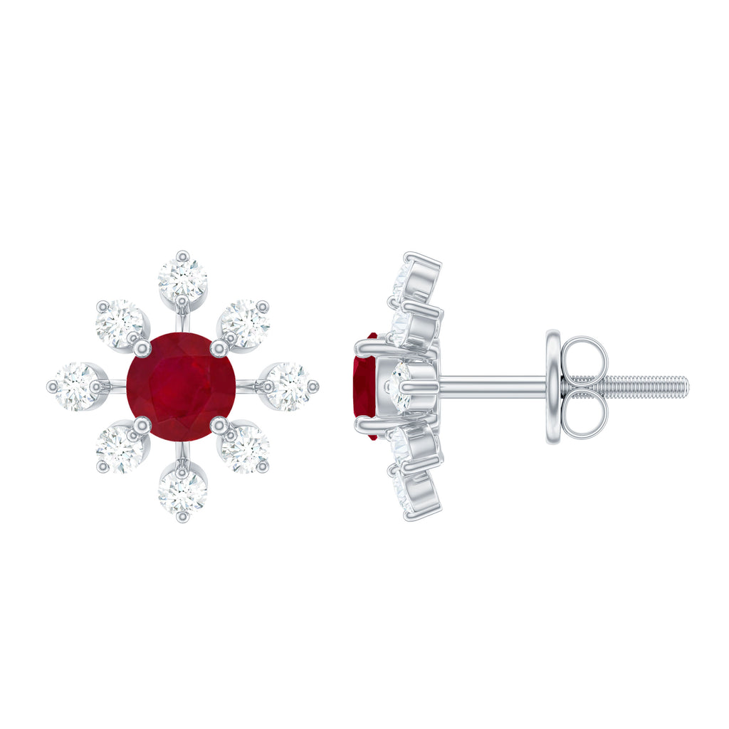 Ruby and Diamond Flower Stud Earrings Ruby - ( AAA ) - Quality - Rosec Jewels