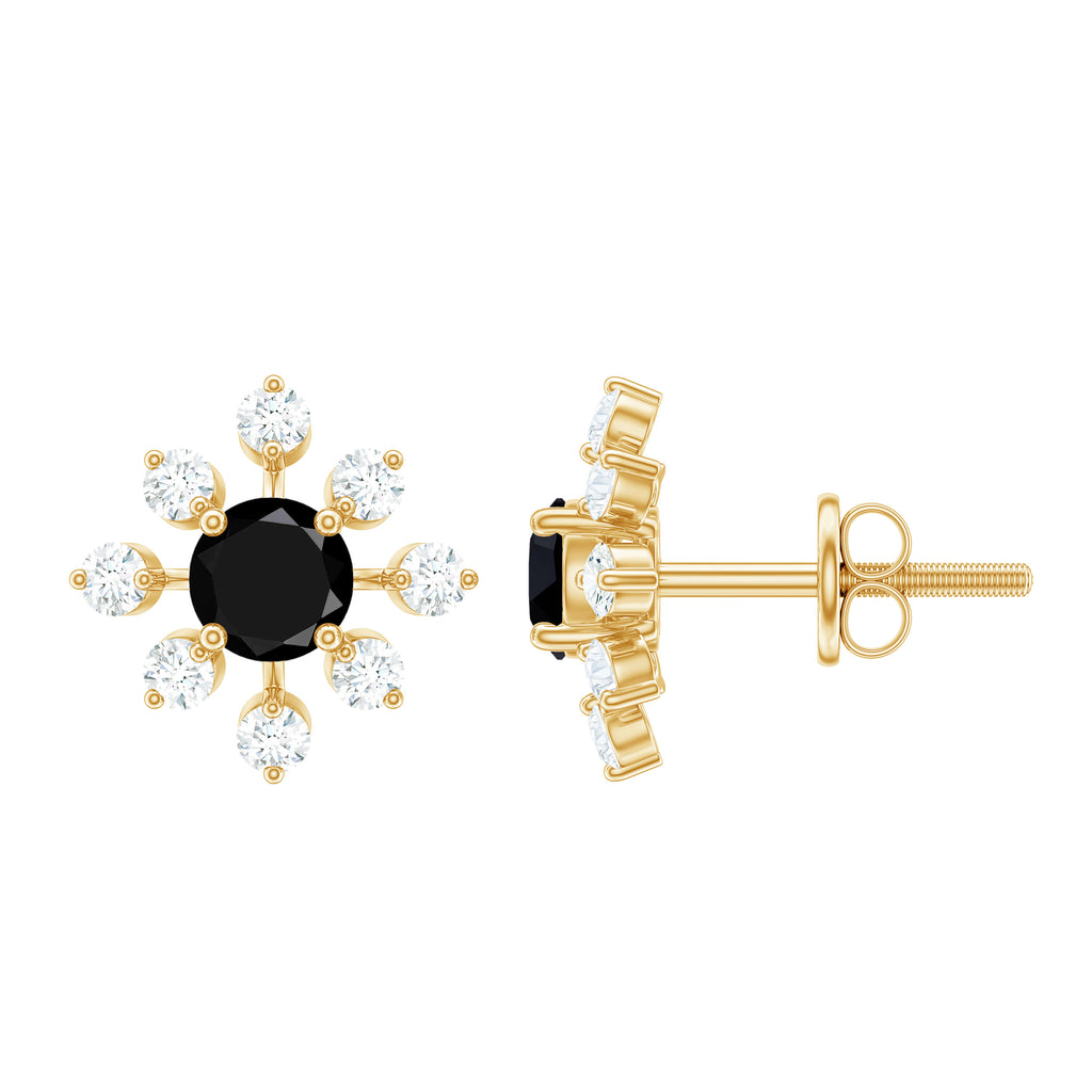 2 CT Lab Created Black Diamond Floral Stud Earrings with Diamond Lab Created Black Diamond - ( AAAA ) - Quality - Rosec Jewels