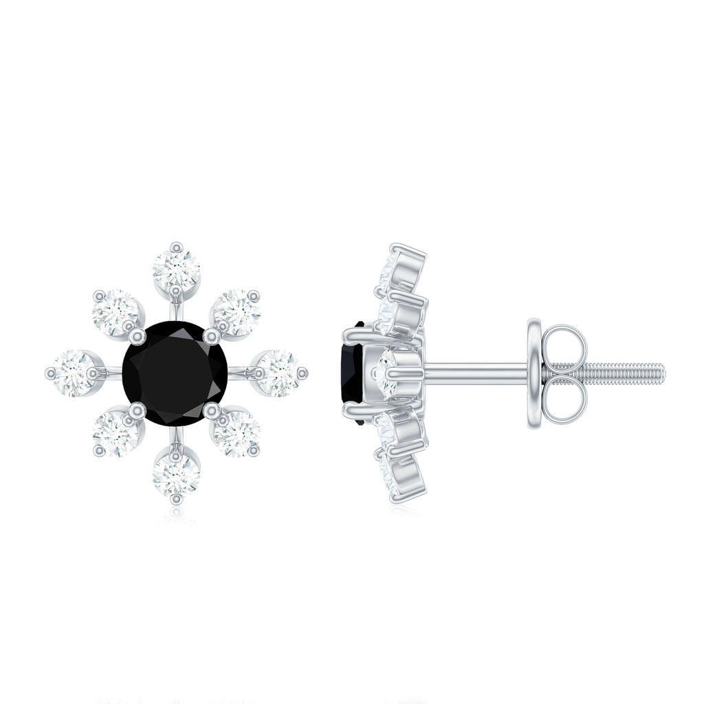 1.25 CT Black Spinel and Diamond Flower Stud Earrings in Prong Setting Black Spinel - ( AAA ) - Quality - Rosec Jewels