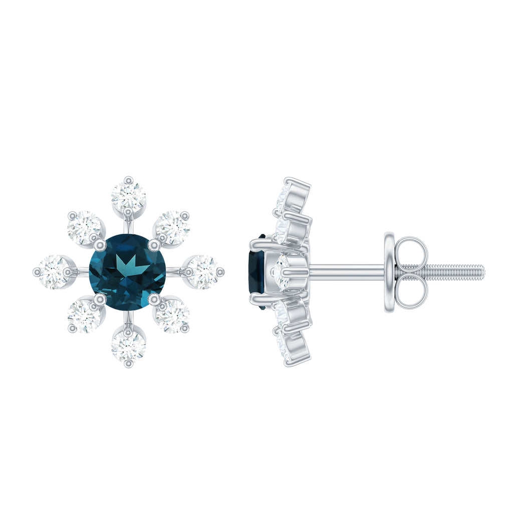 1.75 CT London Blue Topaz and Diamond Flower Stud Earrings London Blue Topaz - ( AAA ) - Quality - Rosec Jewels