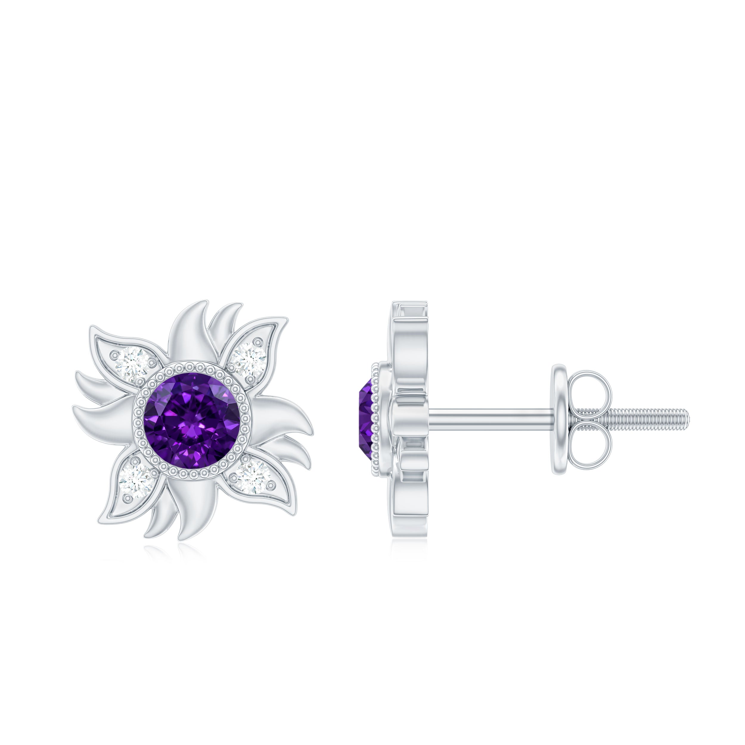 0.9 Carat Round Shape Amethyst and Diamond Sunburst Stud Earrings AAA - Rosec Jewels