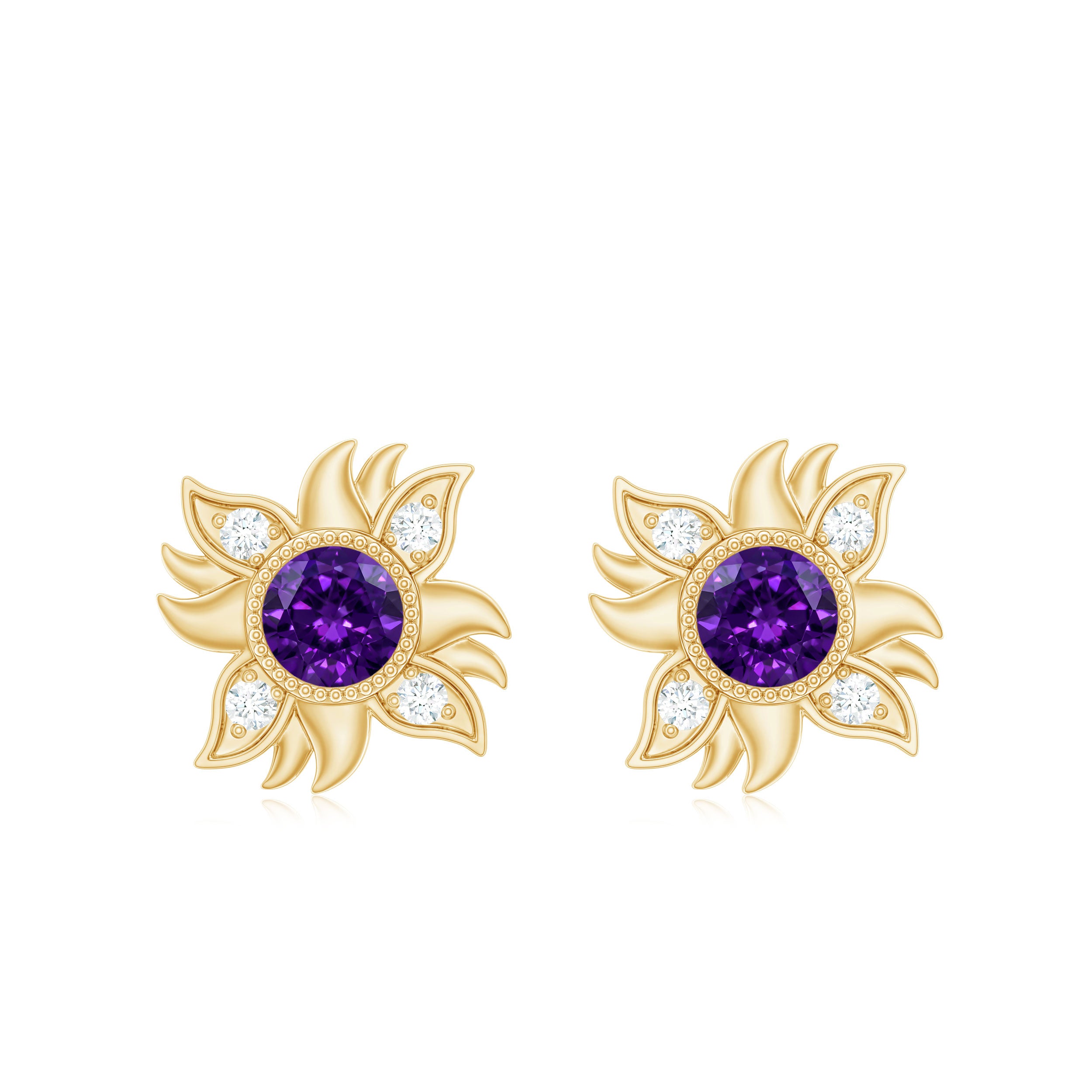 0.9 Carat Round Shape Amethyst and Diamond Sunburst Stud Earrings AAA - Rosec Jewels