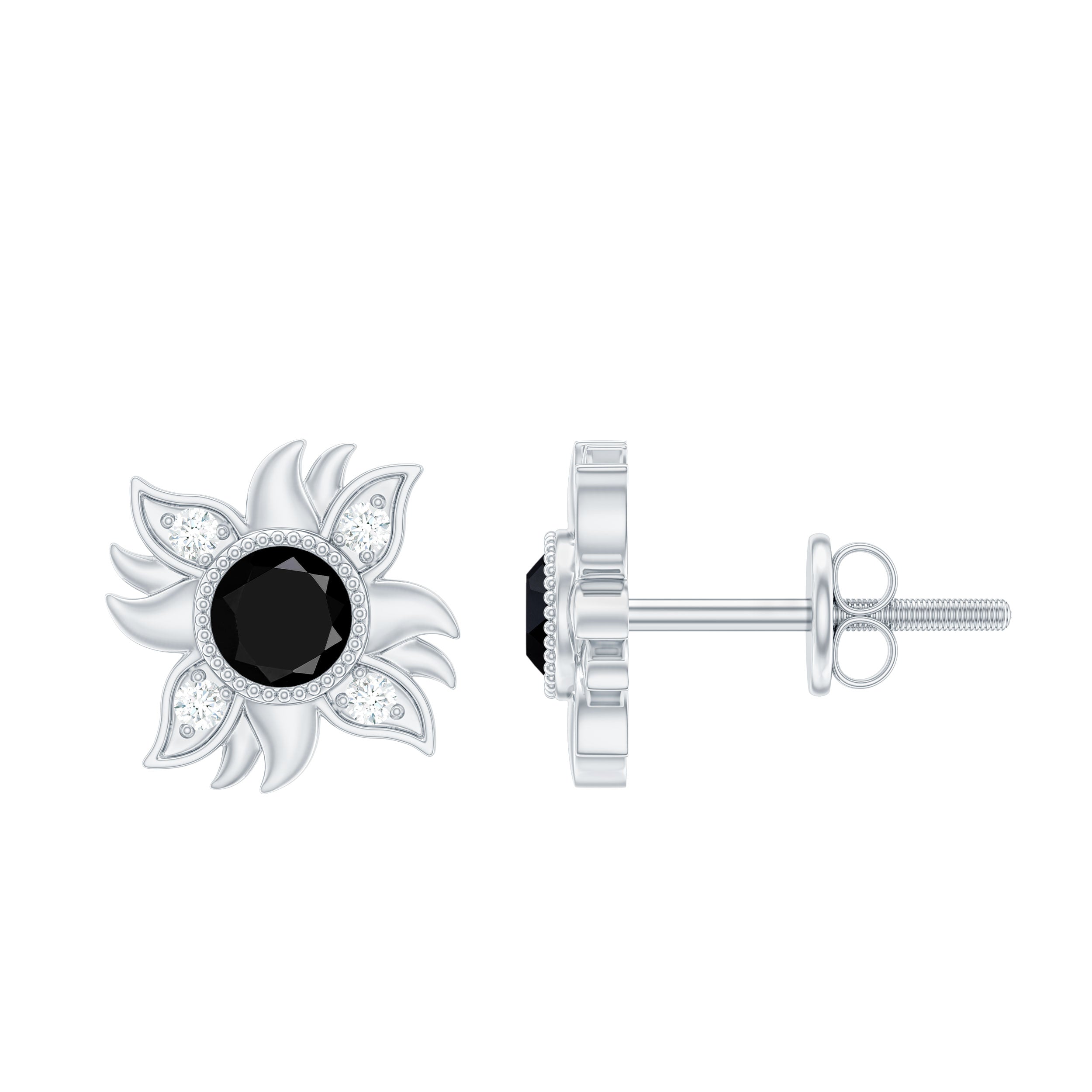 1/2 CT Round Shape Black Onyx and Diamond Sunburst Stud Earrings Black Onyx - ( AAA ) - Quality - Rosec Jewels
