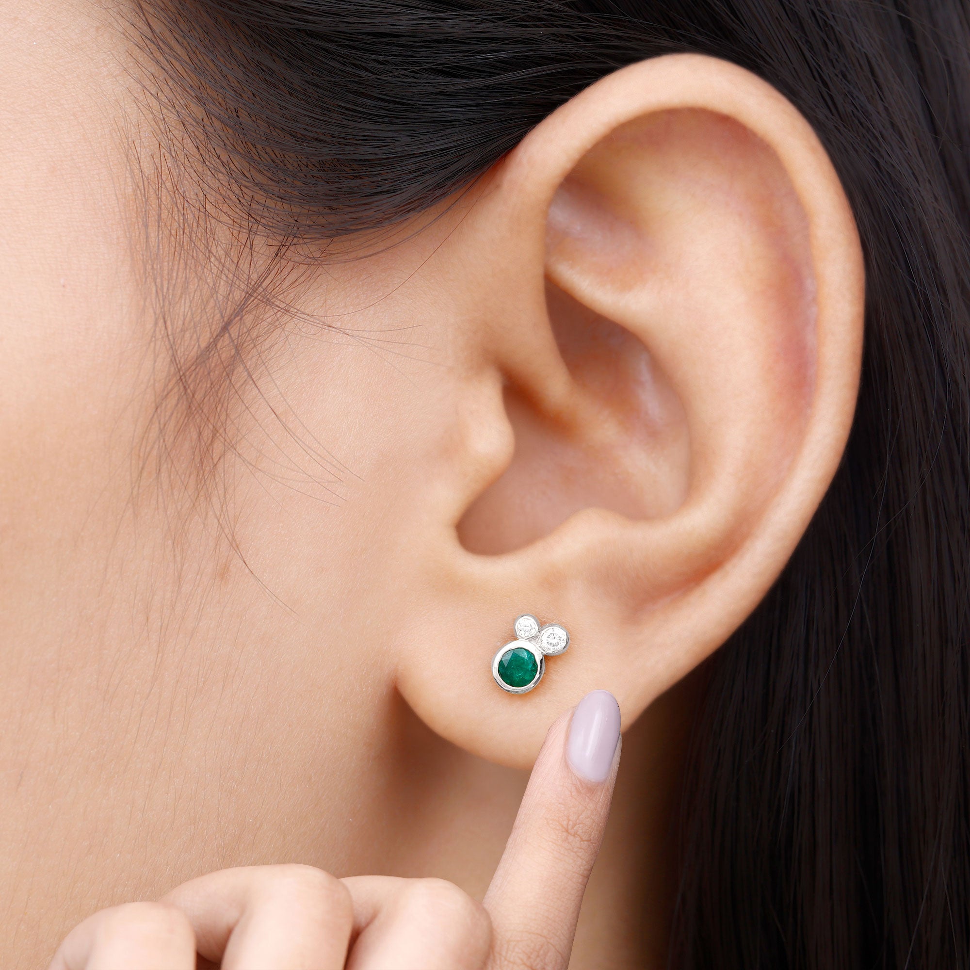 1/2 CT Dainty Emerald and Diamond Three Stone Stud Earrings Emerald - ( AAA ) - Quality - Rosec Jewels
