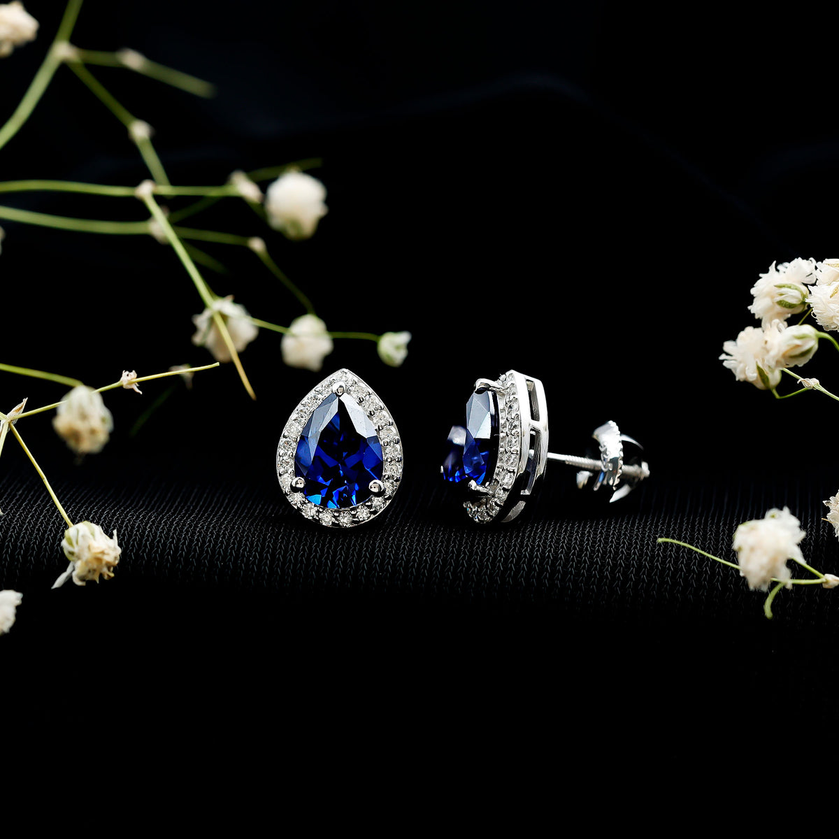 Lab Grown Blue Sapphire Teardrop Stud Earrings With Diamond Halo AAAA - Rosec Jewels