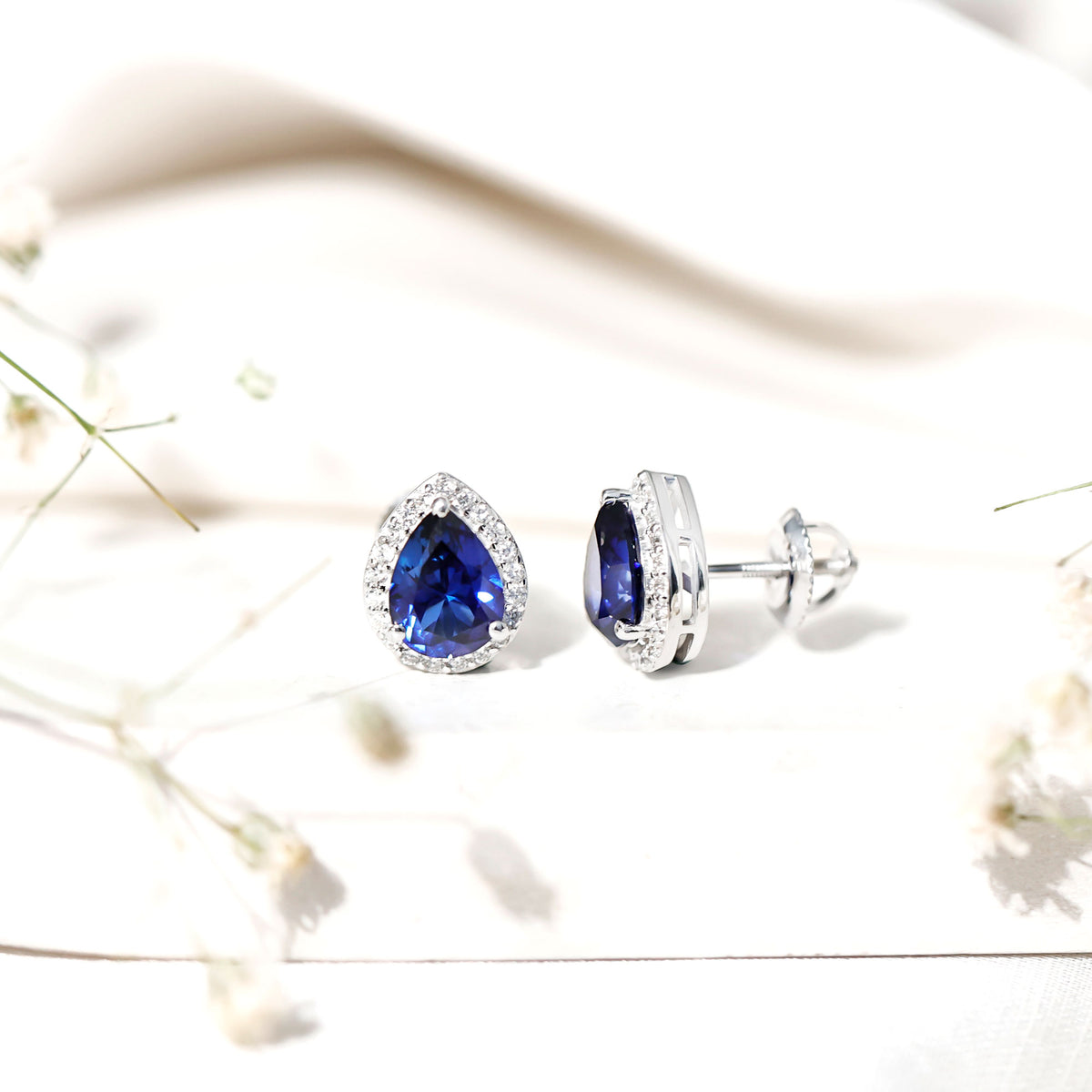 Lab Grown Blue Sapphire Teardrop Stud Earrings With Diamond Halo AAAA - Rosec Jewels