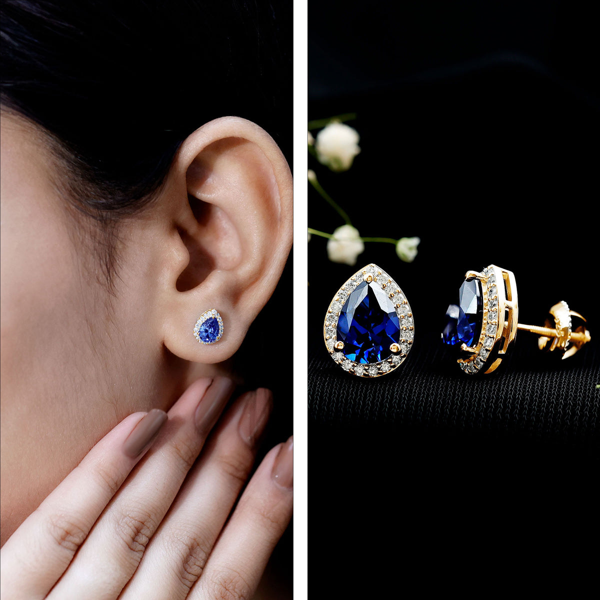 Lab Grown Blue Sapphire Teardrop Stud Earrings With Diamond Halo AAAA - Rosec Jewels