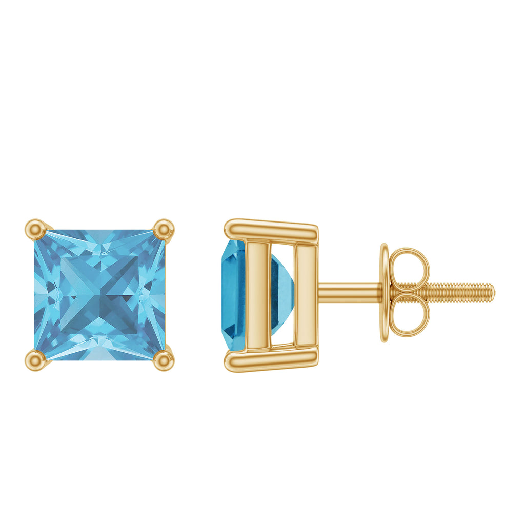 4 MM Princess Cut Swiss Blue Topaz Solitaire Stud Earrings in 4 Prong Setting Swiss Blue Topaz - ( AAA ) - Quality - Rosec Jewels
