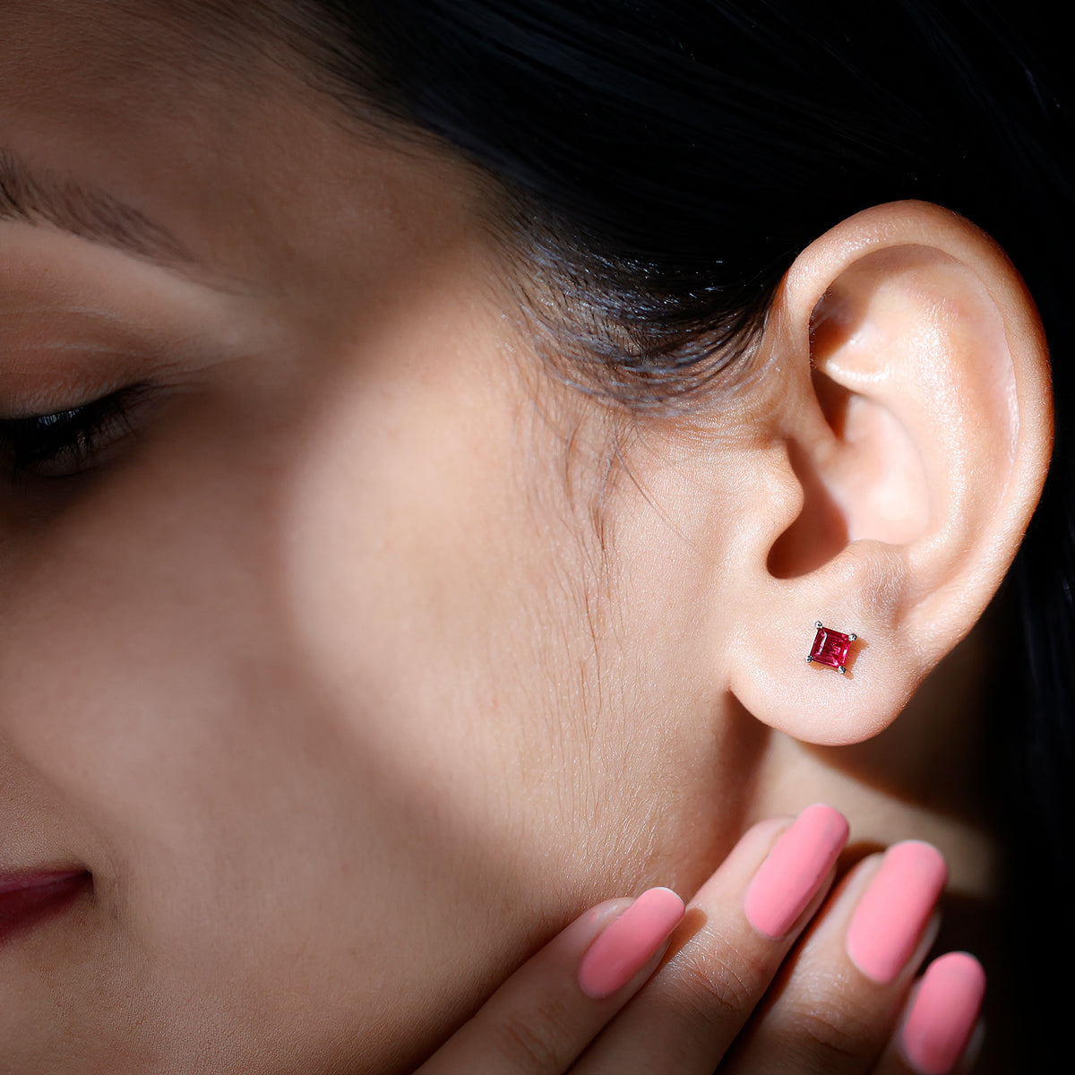 3 Carat Princess Cut Lab Created Ruby Solitaire Stud Earrings AAAA - Rosec Jewels