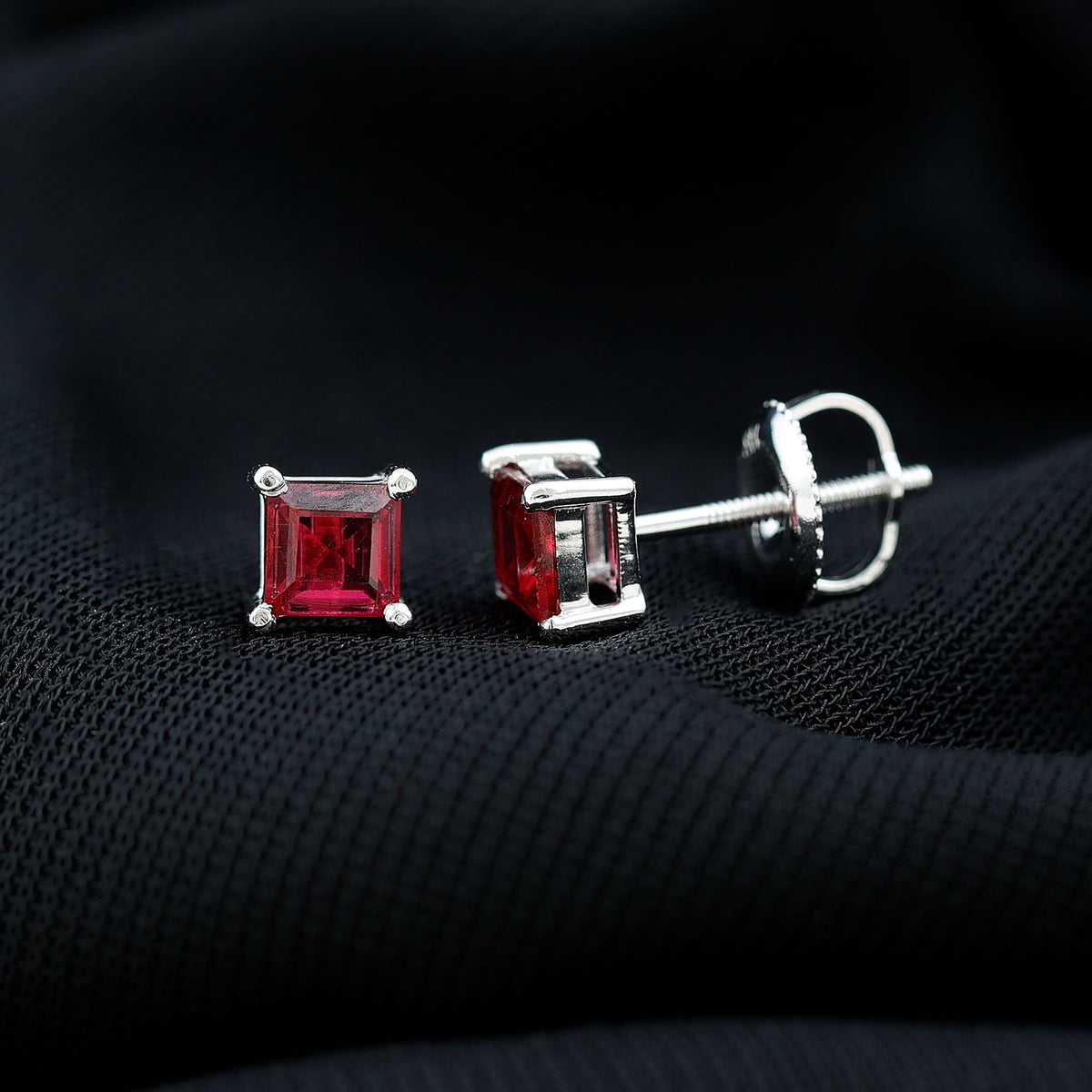 3 Carat Princess Cut Lab Created Ruby Solitaire Stud Earrings AAAA - Rosec Jewels