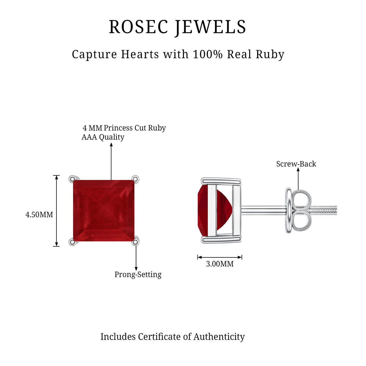 0.9 Carat Princess Cut Ruby Solitaire Stud Earrings AAA - Rosec Jewels