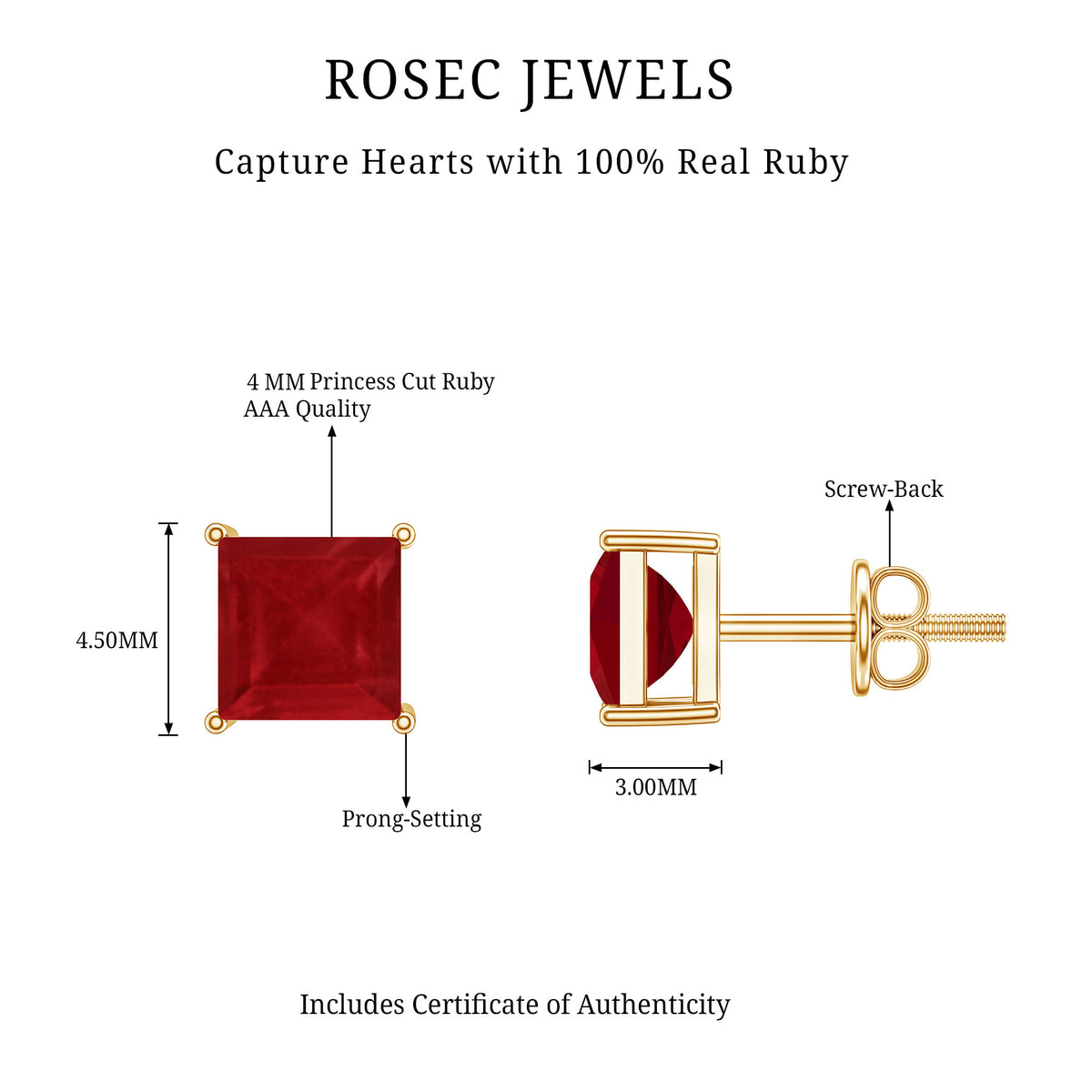 0.9 Carat Princess Cut Ruby Solitaire Stud Earrings AAA - Rosec Jewels