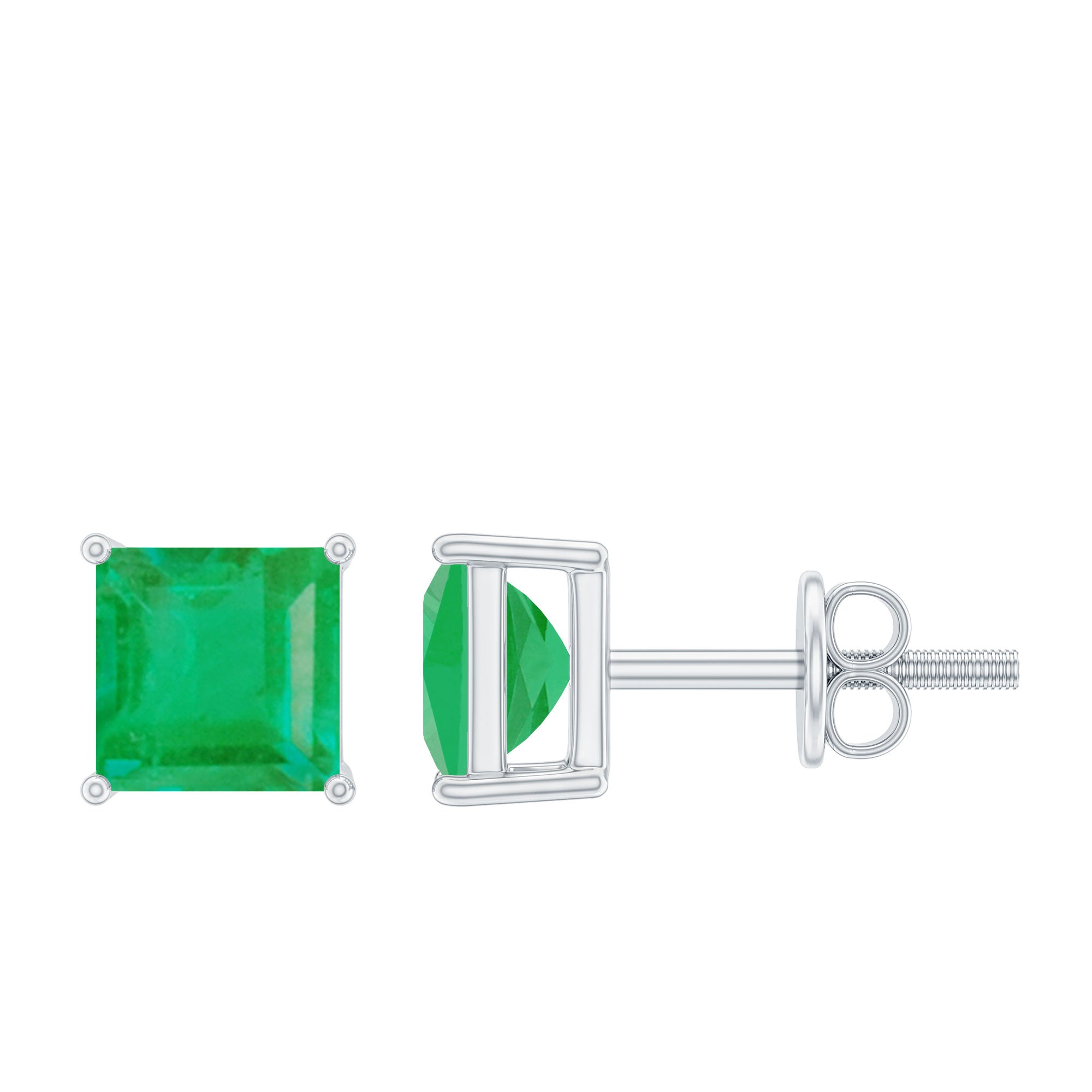 Princess Cut Natural Emerald Simple Solitaire Stud Earrings