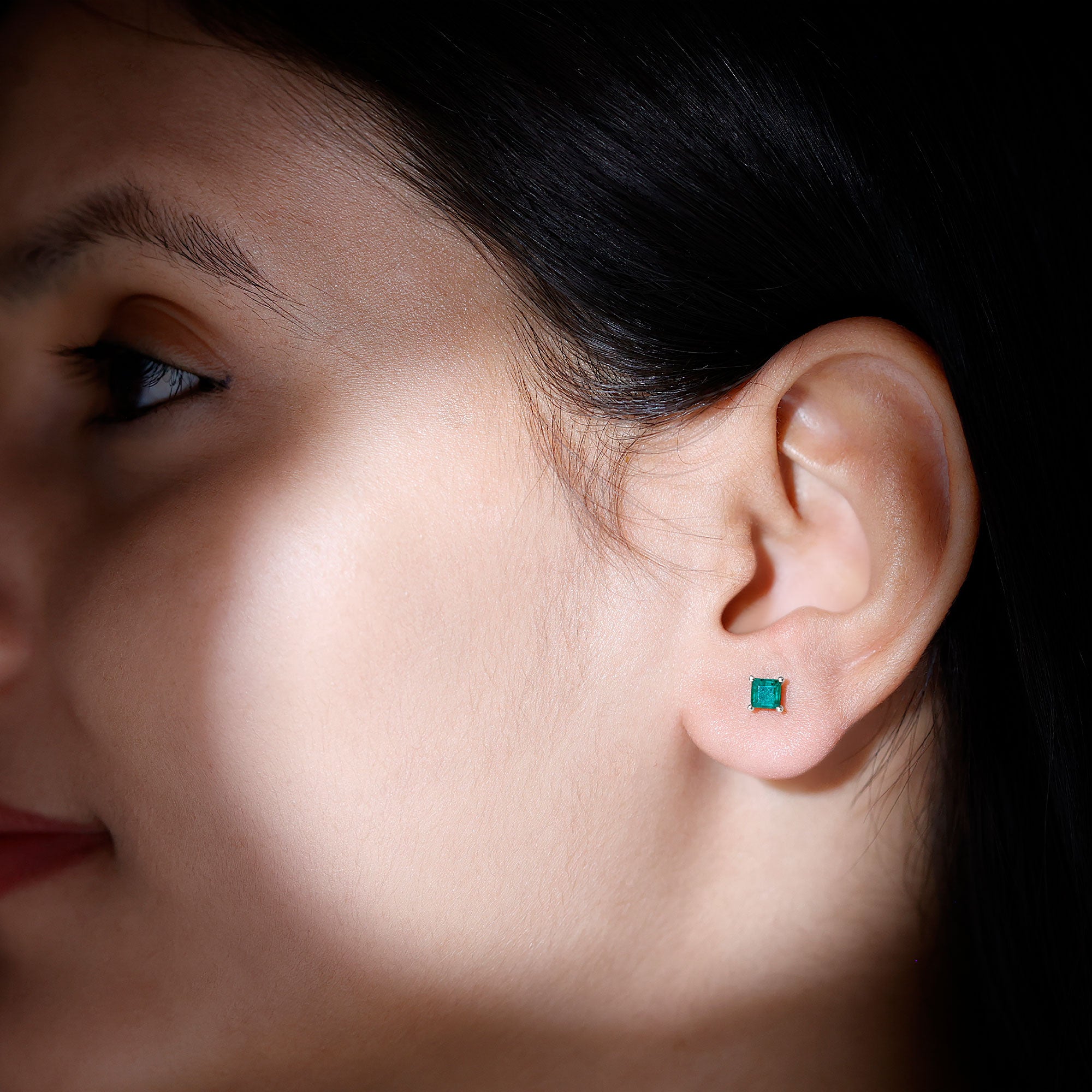 Princess Cut Natural Emerald Simple Solitaire Stud Earrings Emerald - ( AAA ) - Quality - Rosec Jewels