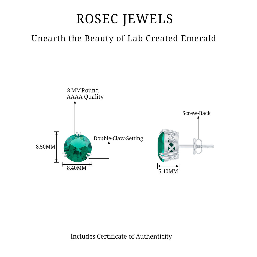 8 MM Created Emerald Solitaire Stud Earrings in Double Claw Setting Lab Created Emerald - ( AAAA ) - Quality - Rosec Jewels