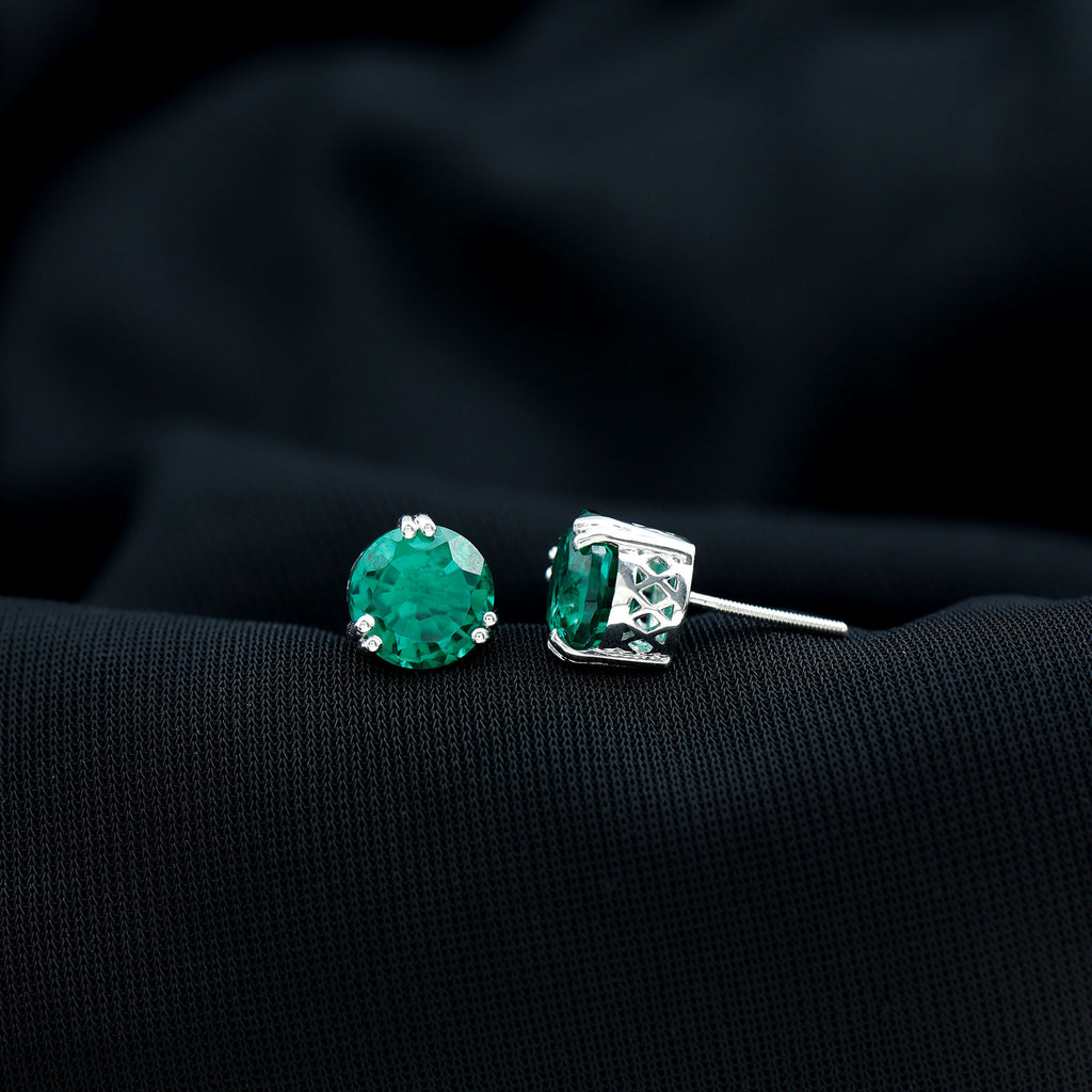 8 MM Created Emerald Solitaire Stud Earrings in Double Claw Setting Lab Created Emerald - ( AAAA ) - Quality - Rosec Jewels