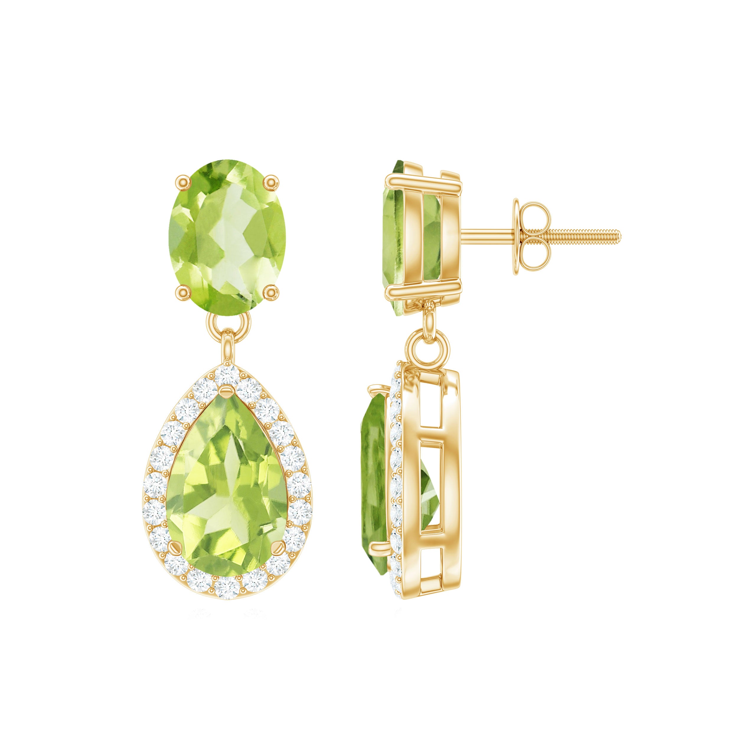 Classic Peridot Dangle Earrings with Diamond Halo Peridot - ( AAA ) - Quality - Rosec Jewels
