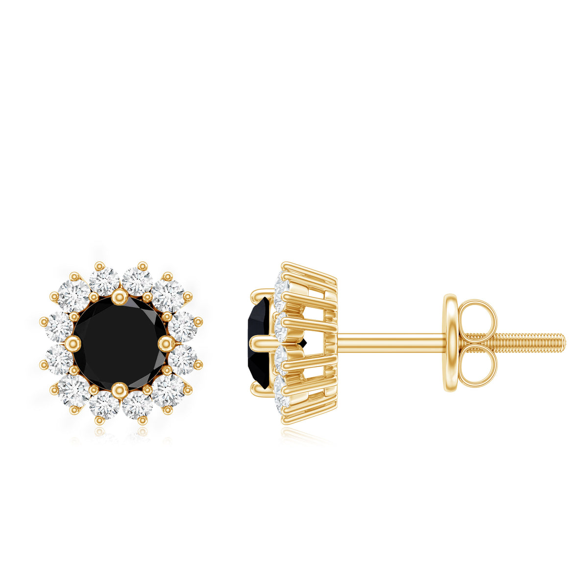 Certified Real Black Spinel Stud Earrings with Diamond Halo AAA - Rosec Jewels