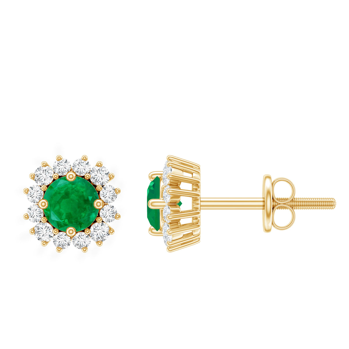 Natural Emerald Classic Stud Earrings with Diamond Halo AAA - Rosec Jewels
