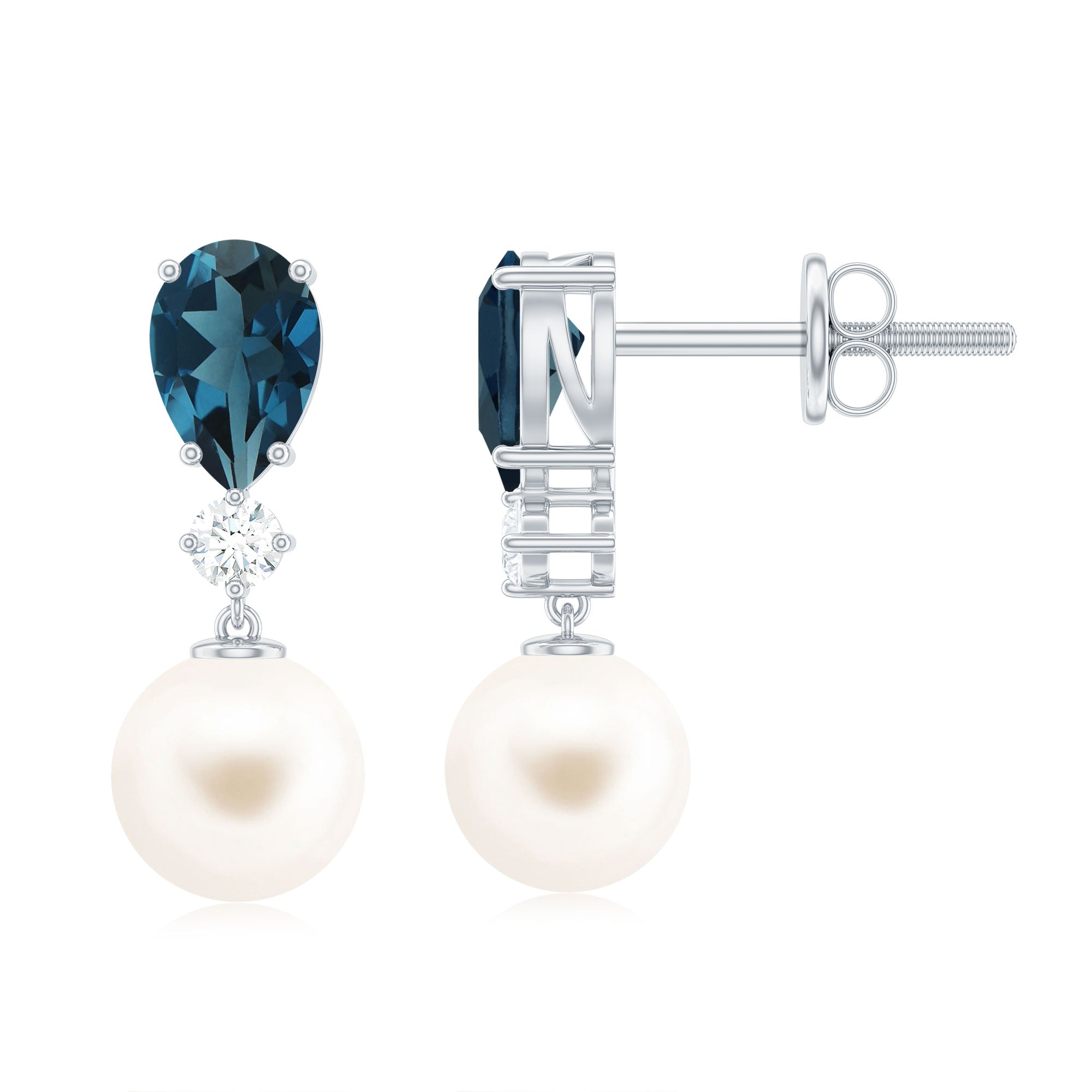 6.25 CT London Blue Topaz and Moissanite Silver Dangle Earrings with Freshwater Pearl Drop Freshwater Pearl - ( AAA ) - Quality 92.5 Sterling Silver - Rosec Jewels