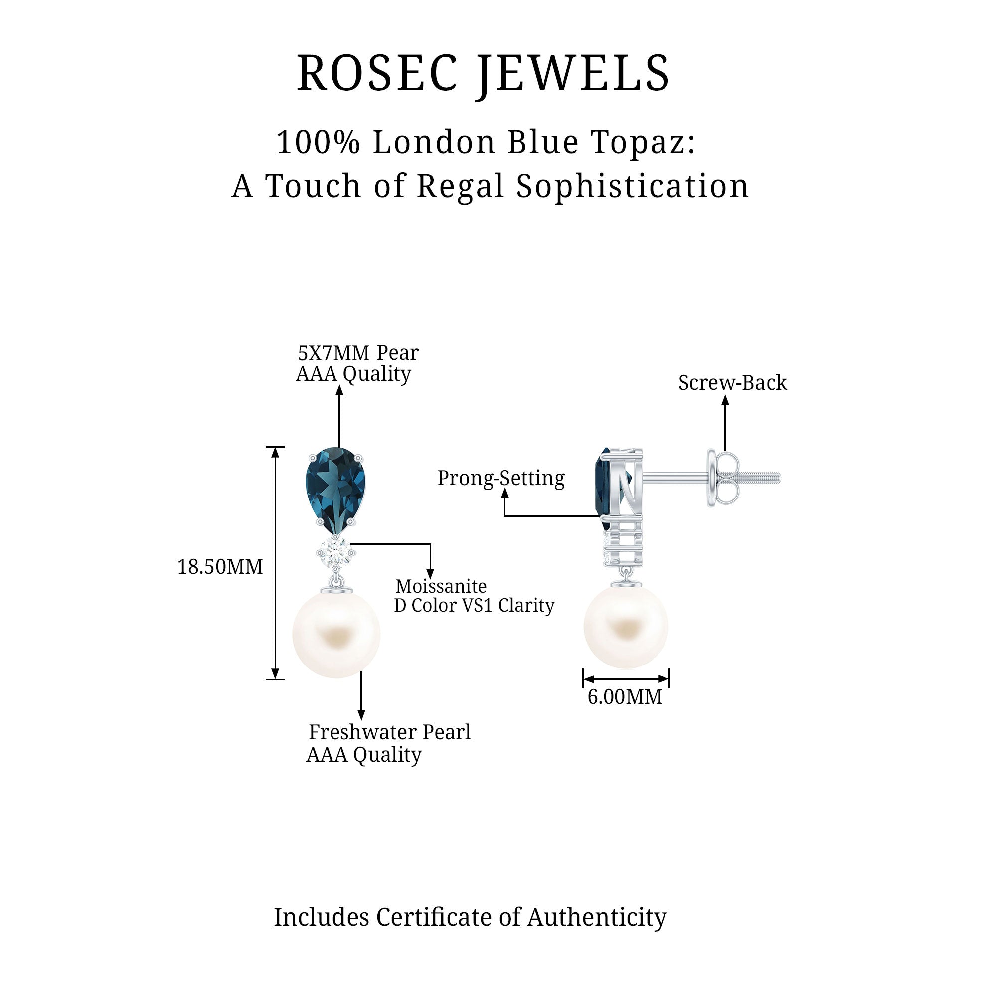 6.25 CT London Blue Topaz and Moissanite Silver Dangle Earrings with Freshwater Pearl Drop Freshwater Pearl - ( AAA ) - Quality 92.5 Sterling Silver - Rosec Jewels