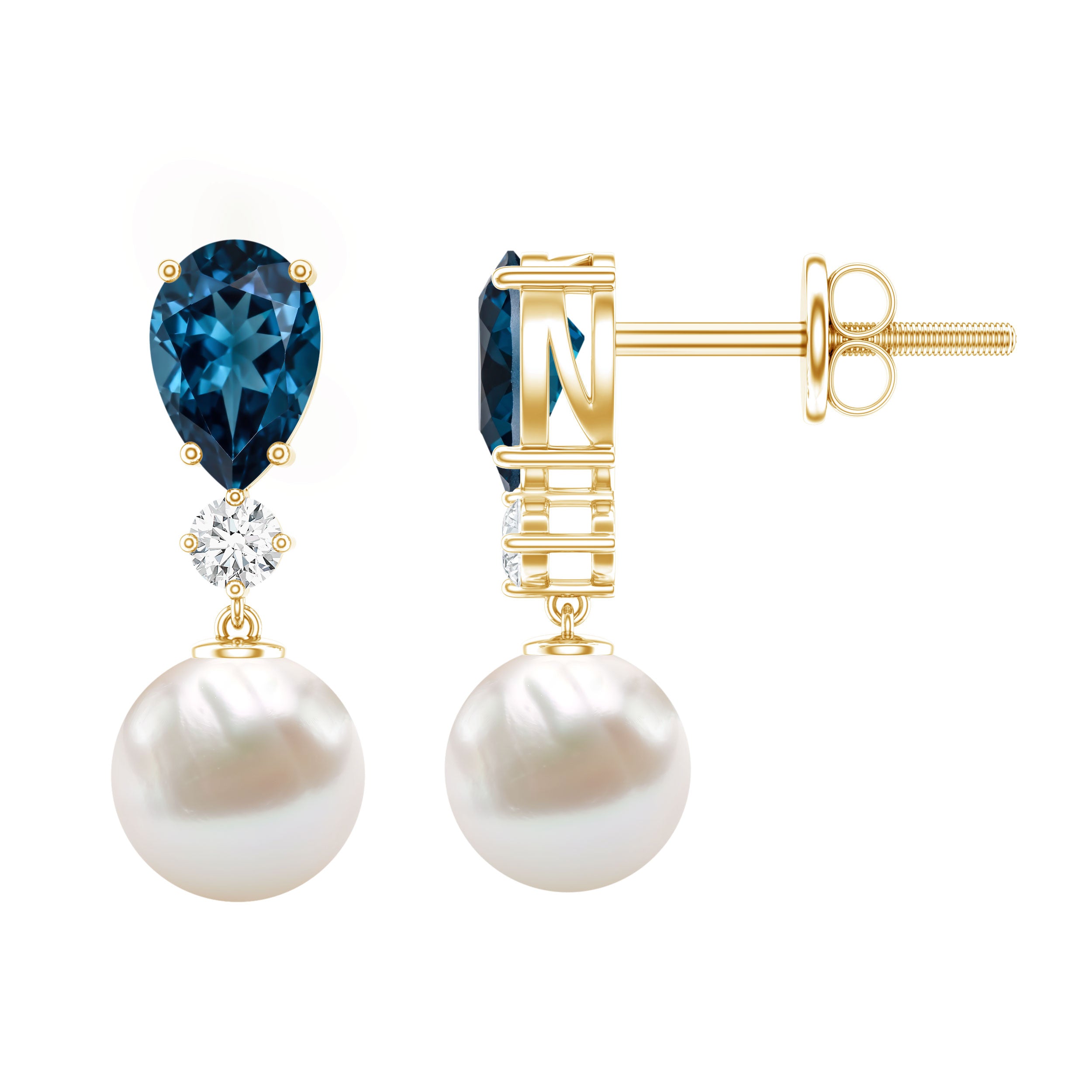 Genuine Freshwater Pearl Drop Earrings With London Blue Topaz AAA - Rosec Jewels